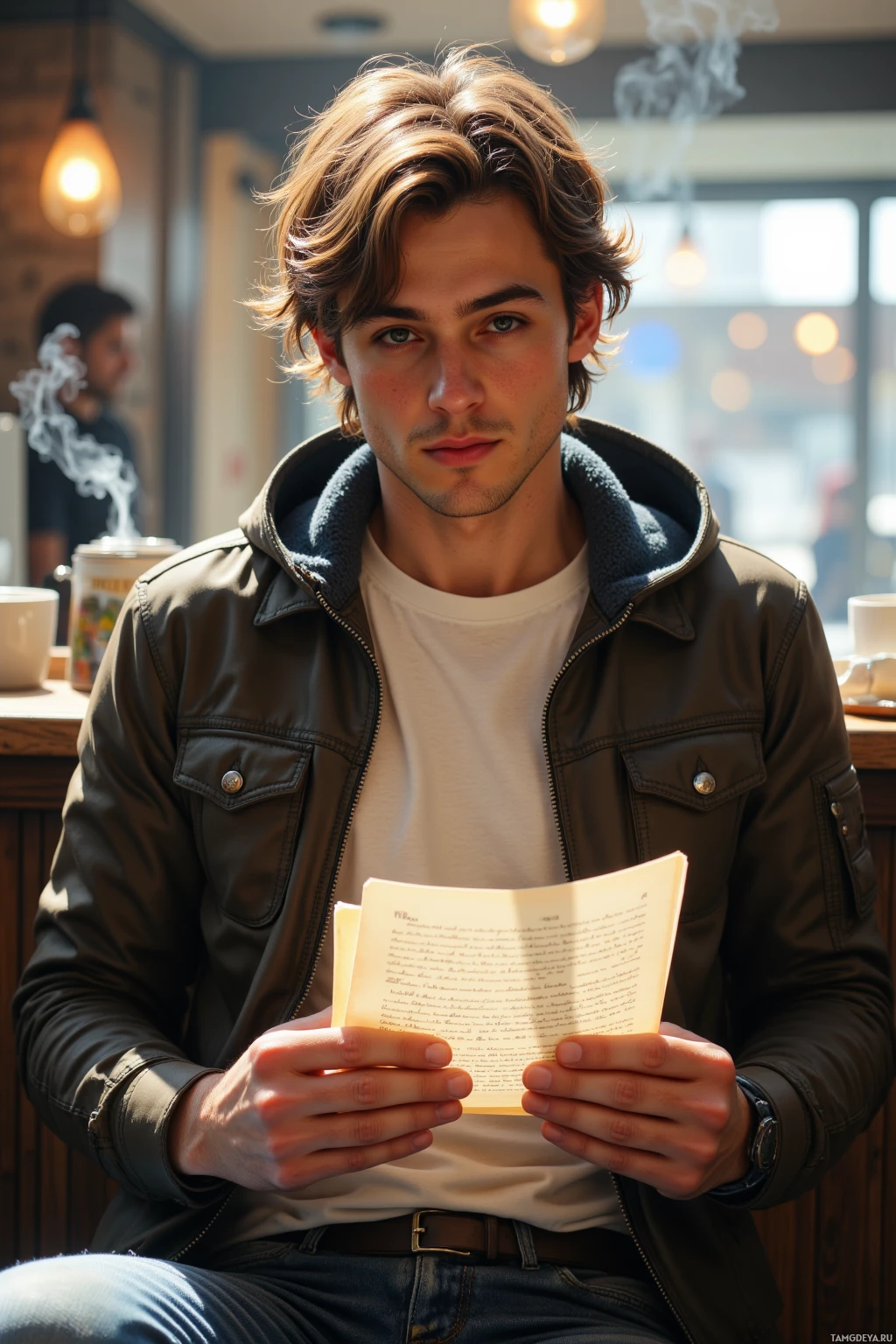A person in a jacket holds an open book or letter with handwritten text inside.