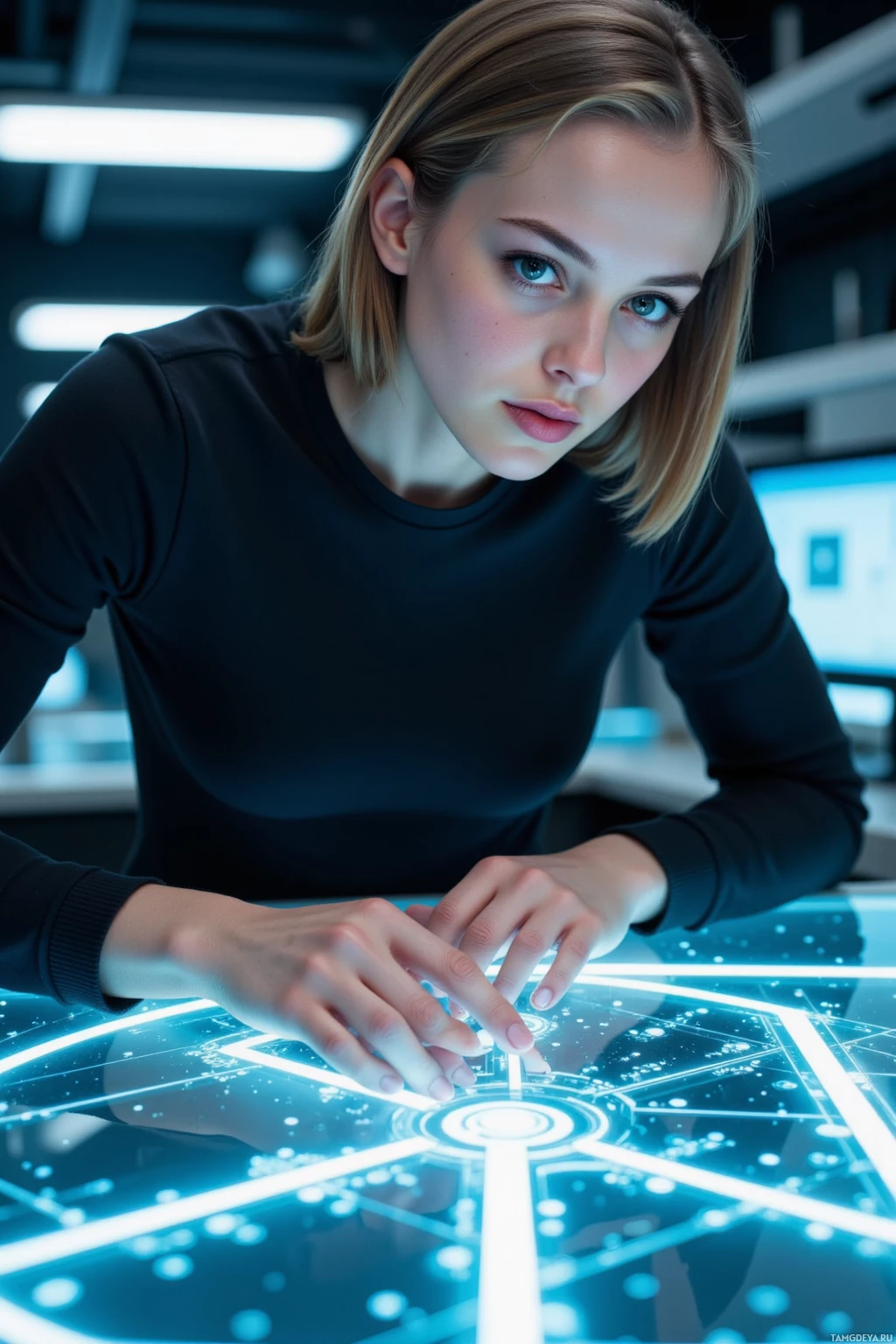 Realistic high quality photo. A 24-year-old woman with light brown sleek bob, blue eyes, pale skin, wearing minimalist monochrome clothing, stands in a futuristic starship design lab with cool blue ambient light, studying a glowing holographic schematic of a biometric pulse interface projected on a transparent worktable, her precise hands holding a stylus as she methodically analyses the data.