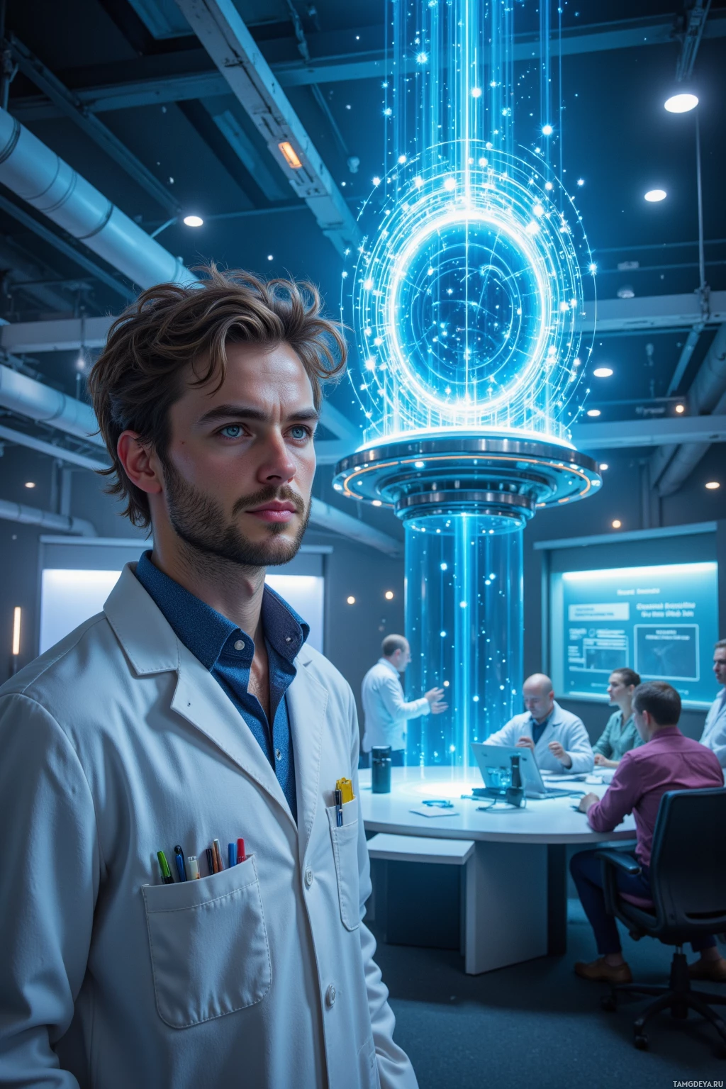 A scientist in a lab coat stands in a futuristic laboratory with a glowing, circular device in the background.