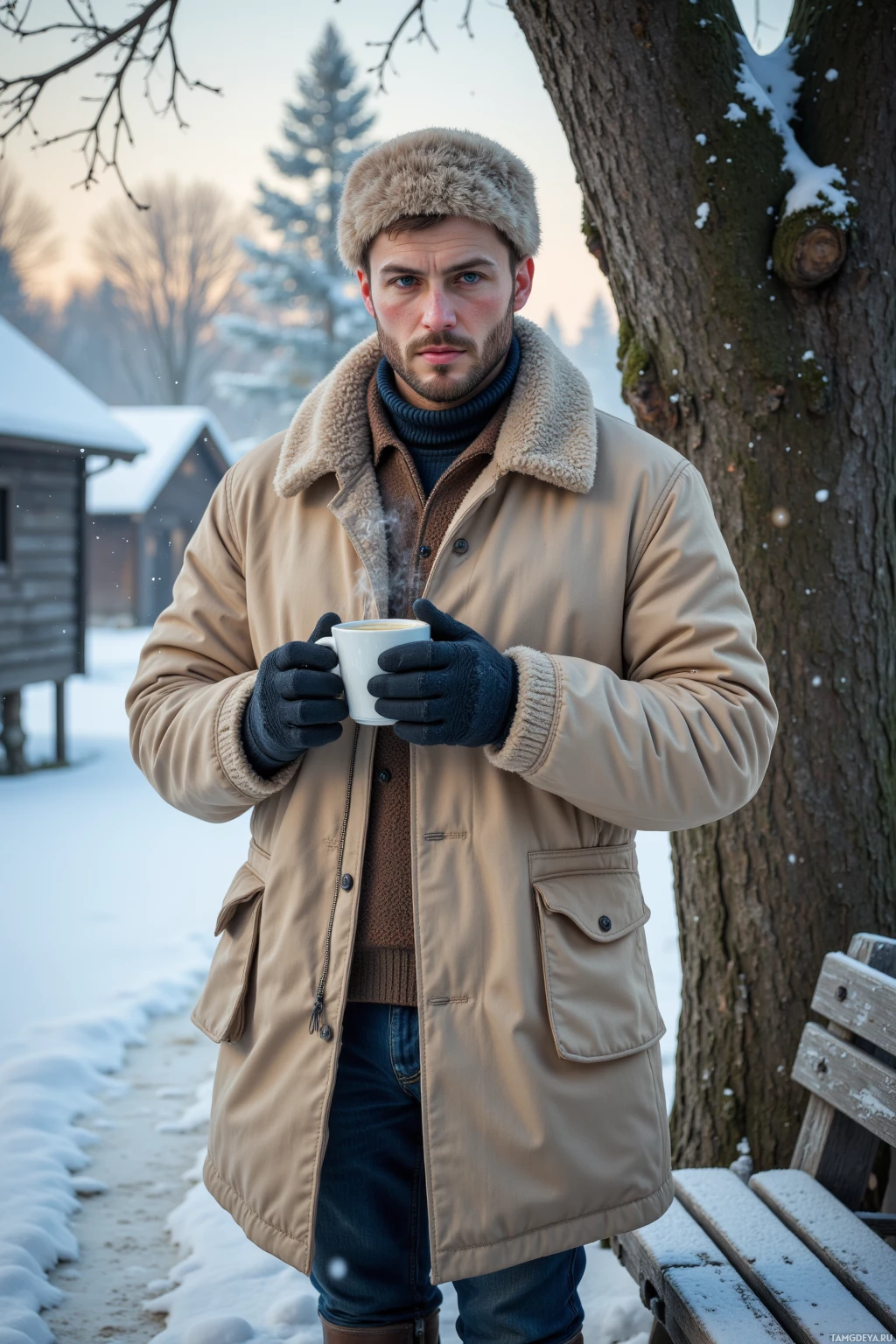 A man in a winter coat and fur hat holds a cup of coffee in a snowy outdoor setting.