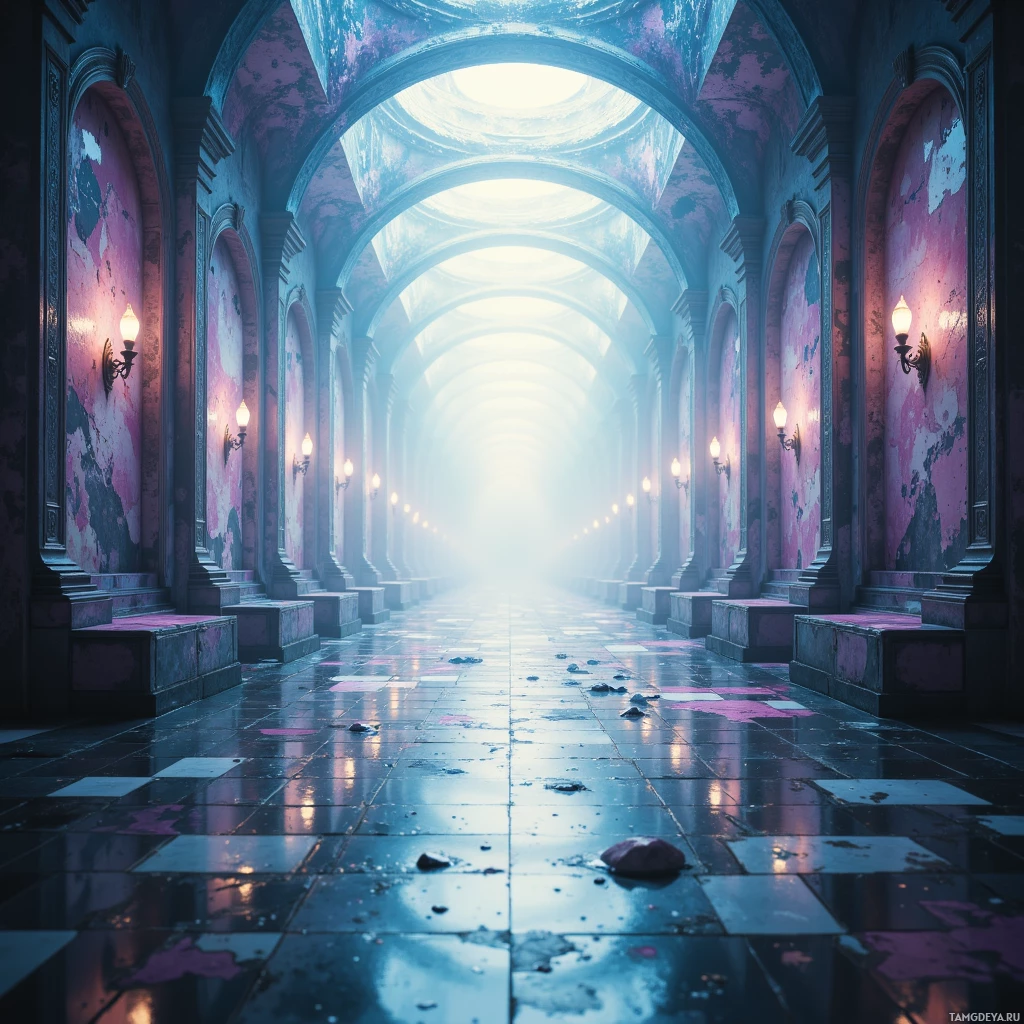 A long corridor with pink and blue walls leads to bright light at the end.