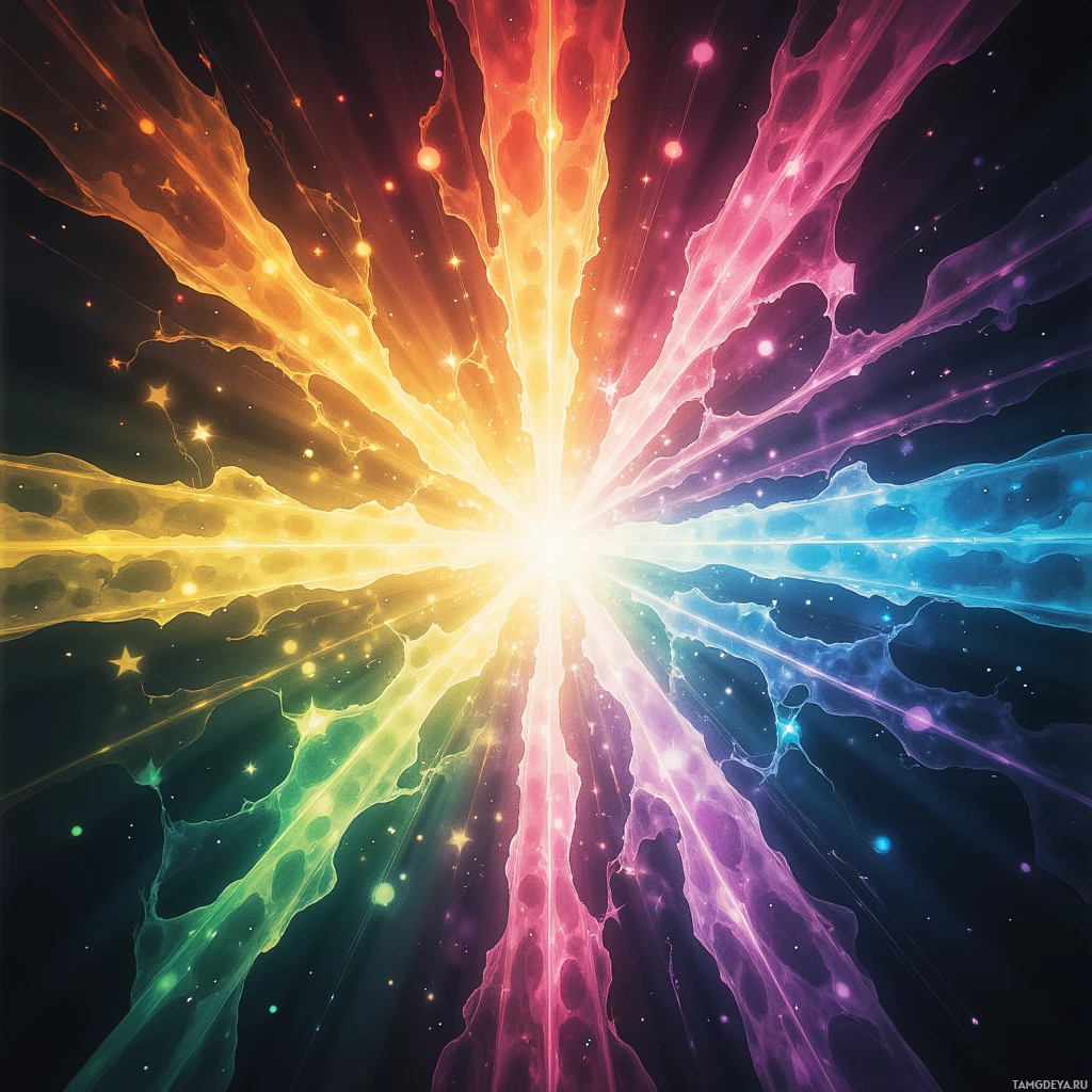 A vibrant, multicolored burst of light radiating outward against a dark background.