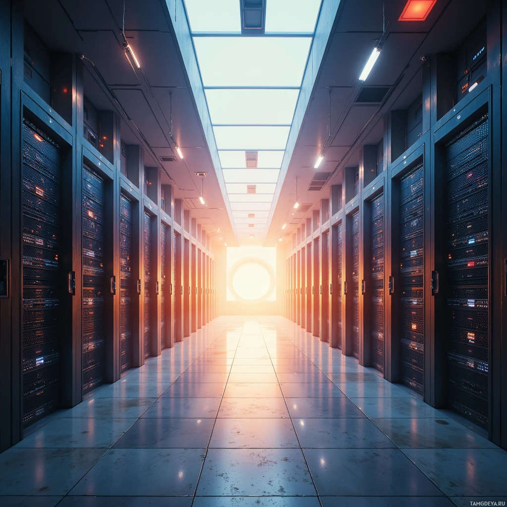 A server room with rows of servers leading towards a bright light at the end.