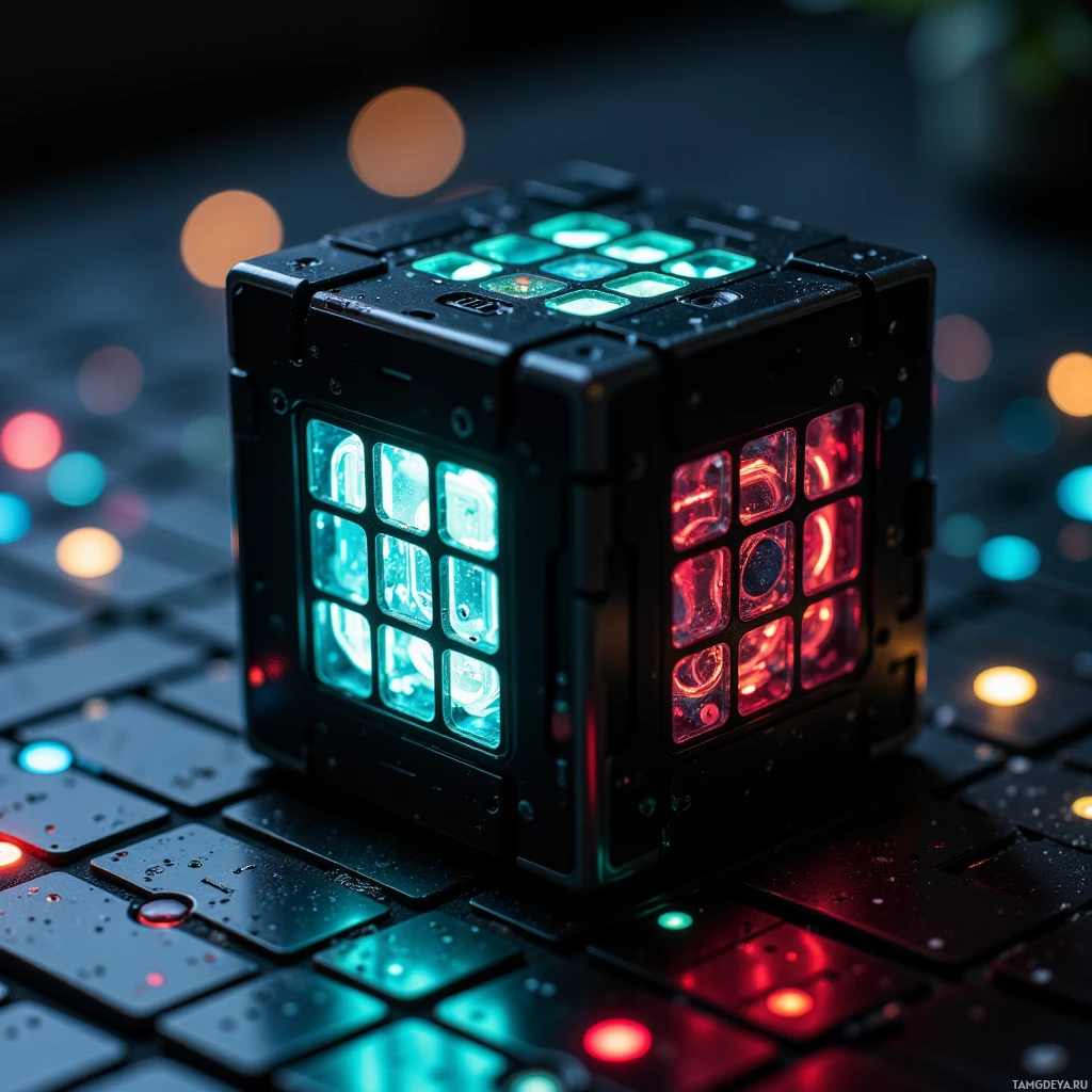 A glowing, modular cube with illuminated sections rests on a keyboard.