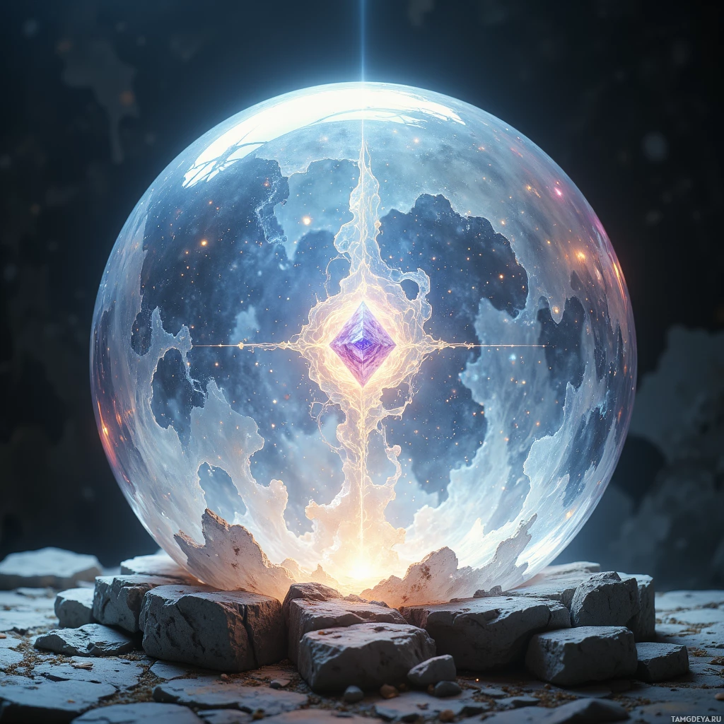 A glowing, ethereal sphere with a cosmic design sits atop broken stone, emitting light and energy.