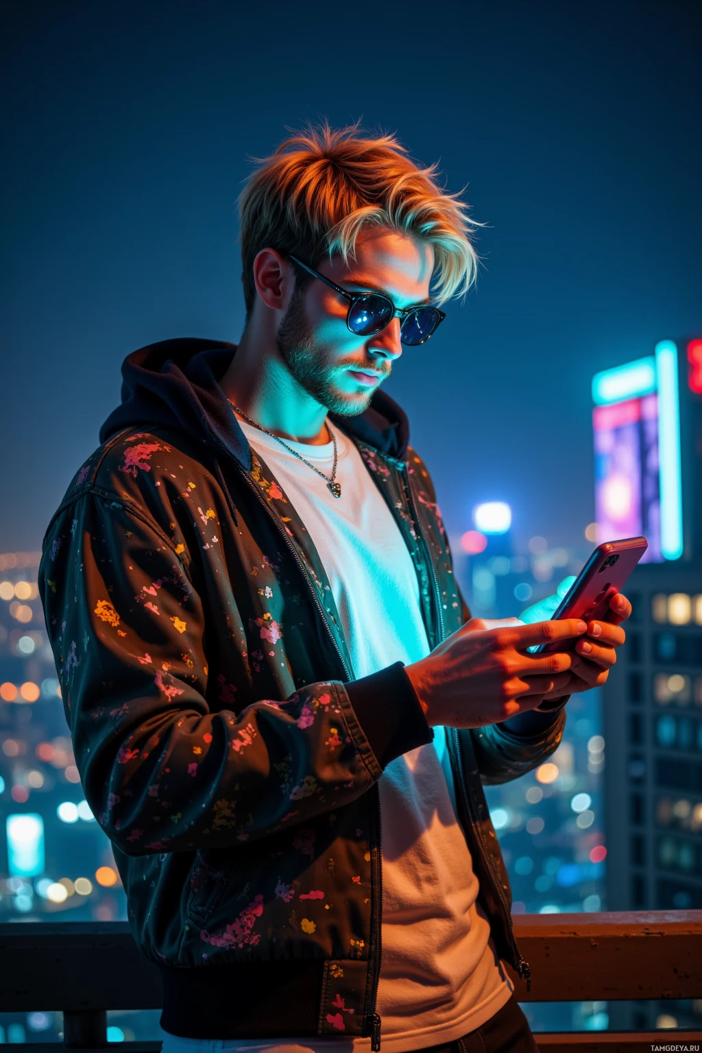 A person wearing sunglasses and a floral jacket is looking at their phone against a cityscape backdrop.
