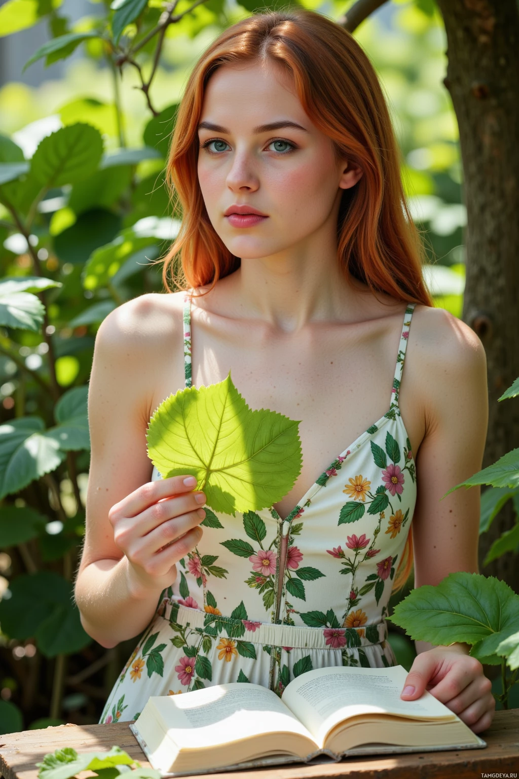 A woman in a floral dress holds a leaf and reads a book in a sunny garden.