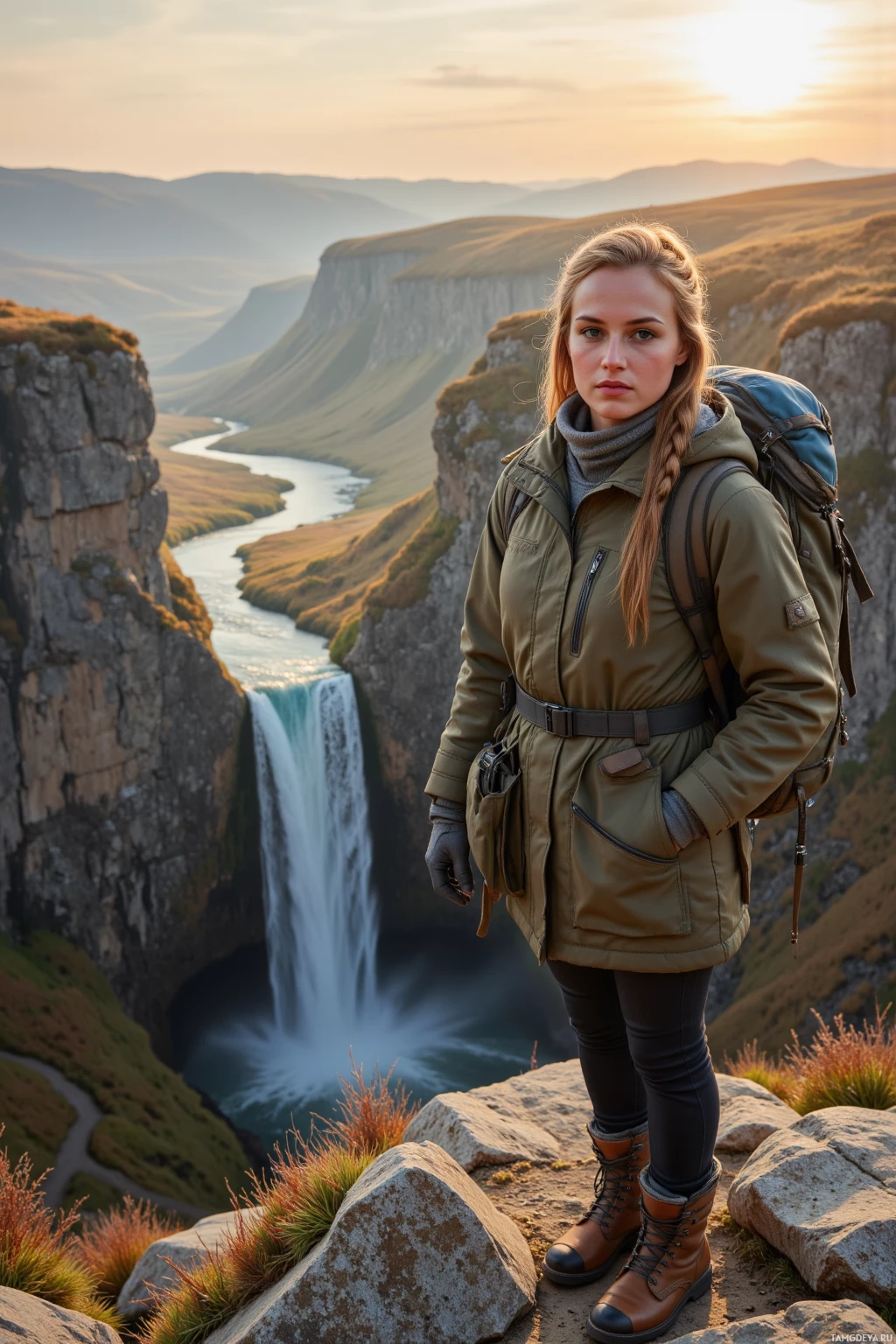 A person stands on a rocky overlook, overlooking a scenic waterfall and river valley at sunset.