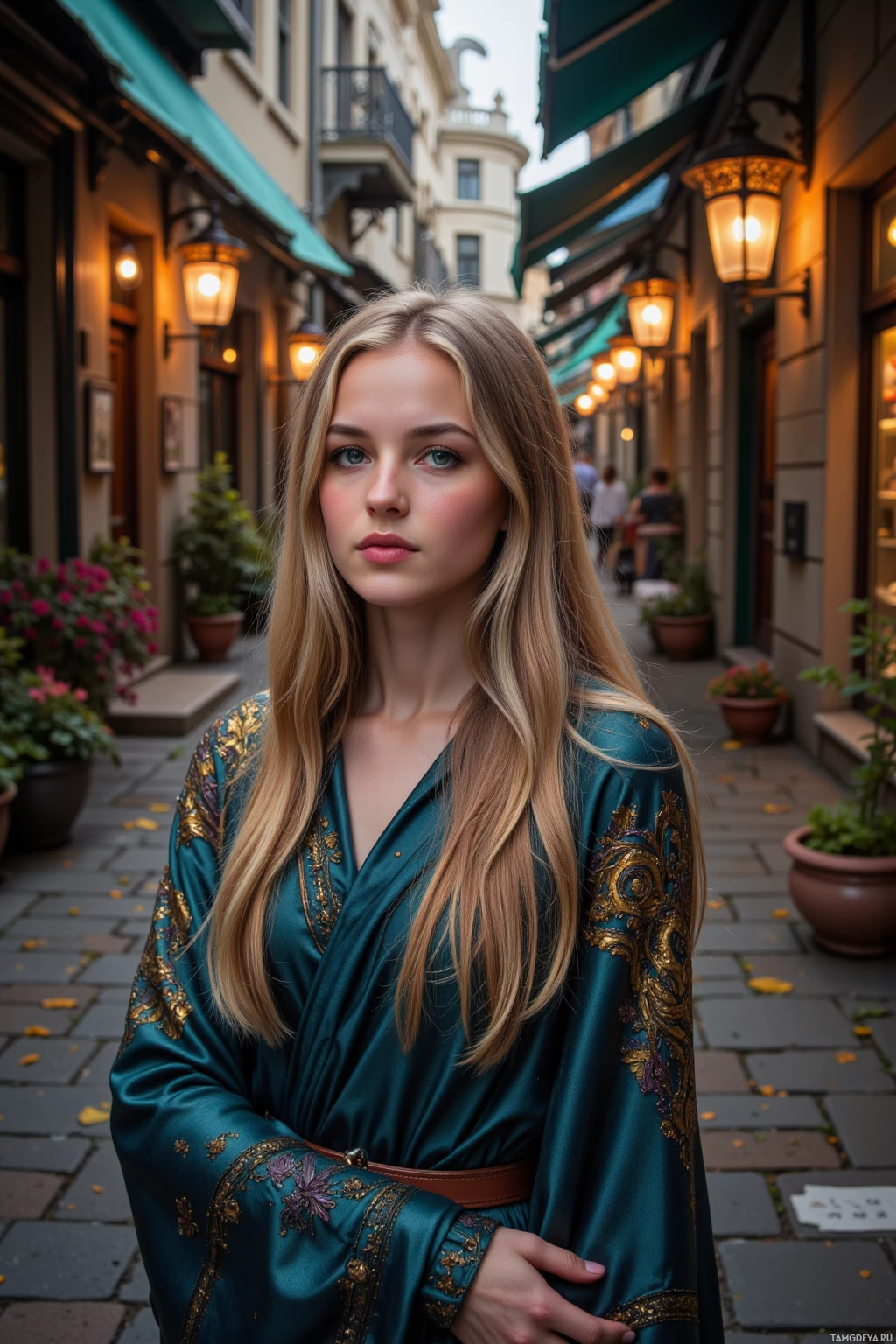 A woman stands in a narrow alleyway, wearing a teal dress with gold embroidery, surrounded by potted plants and lit lanterns.