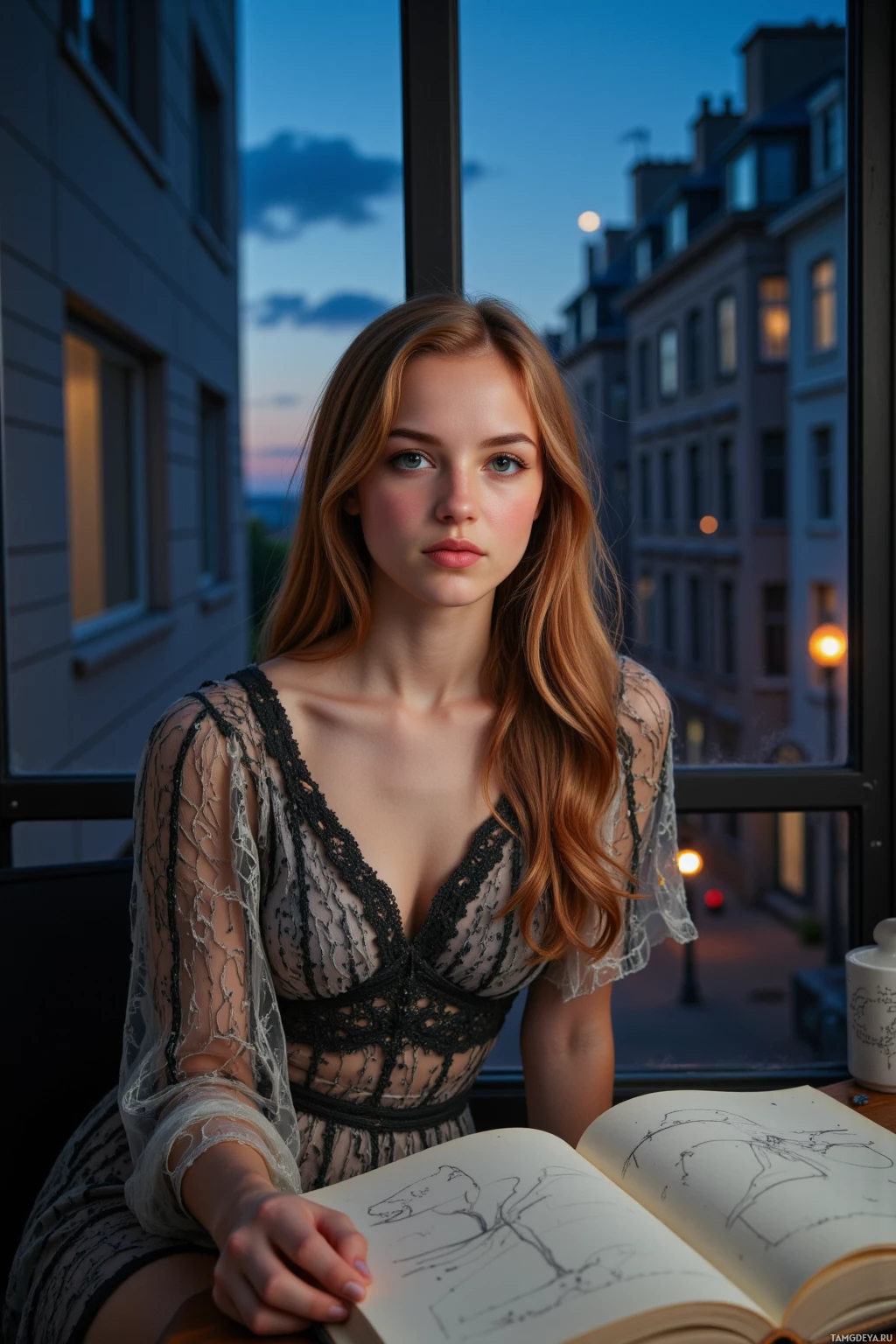 A person with long hair is sitting by a window, holding an open book with sketches.