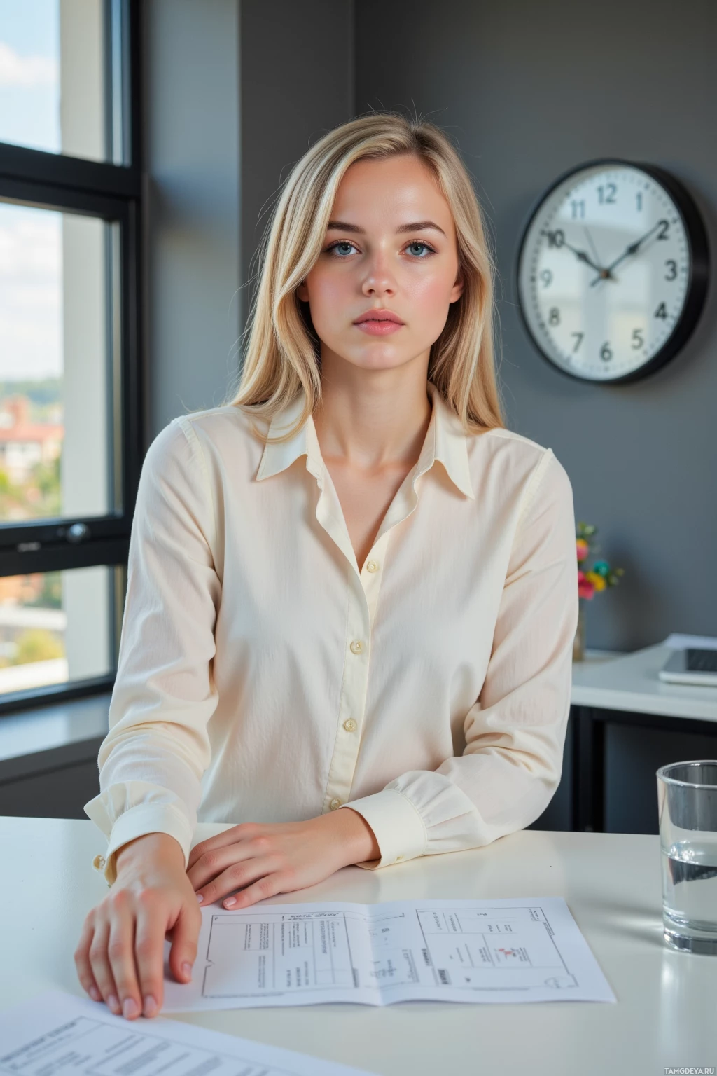 A woman in a light-colored blouse sits at a desk with a document and a glass of water, in a modern office setting.