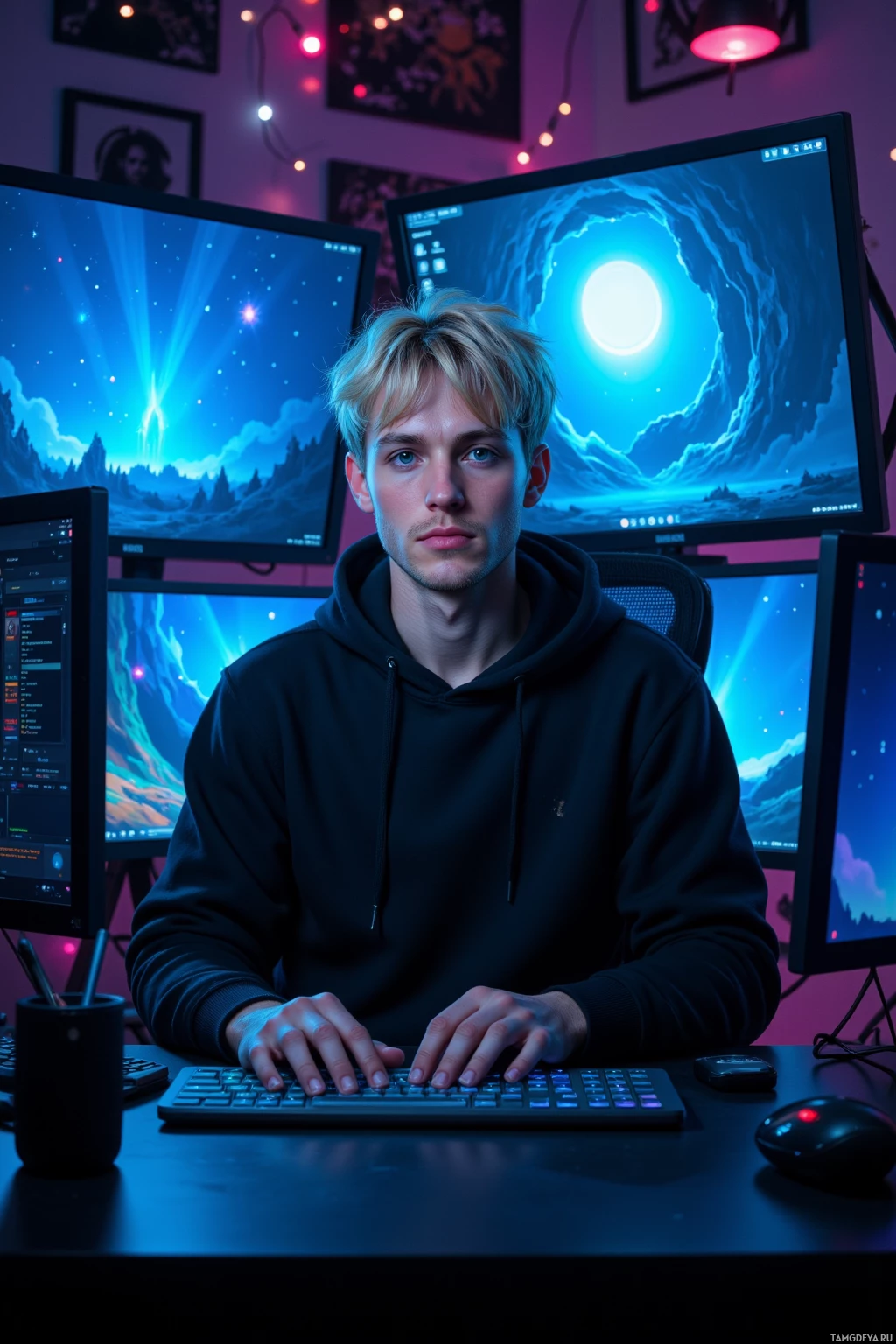 A person sits at a desk with multiple monitors displaying vibrant, futuristic scenes, wearing a dark hoodie and typing on a keyboard.