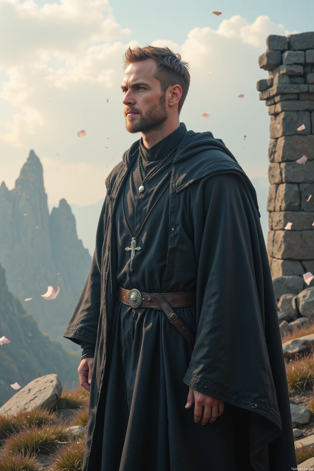 A man in a dark robe with a cross necklace stands on a mountain, looking off into the distance.