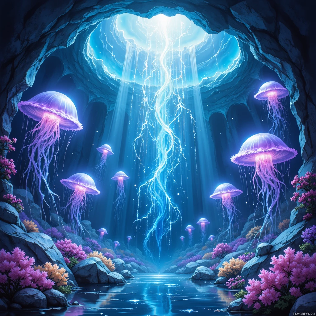 A magical underwater scene with glowing jellyfish and vibrant purple flowers in a cave illuminated by light from above.