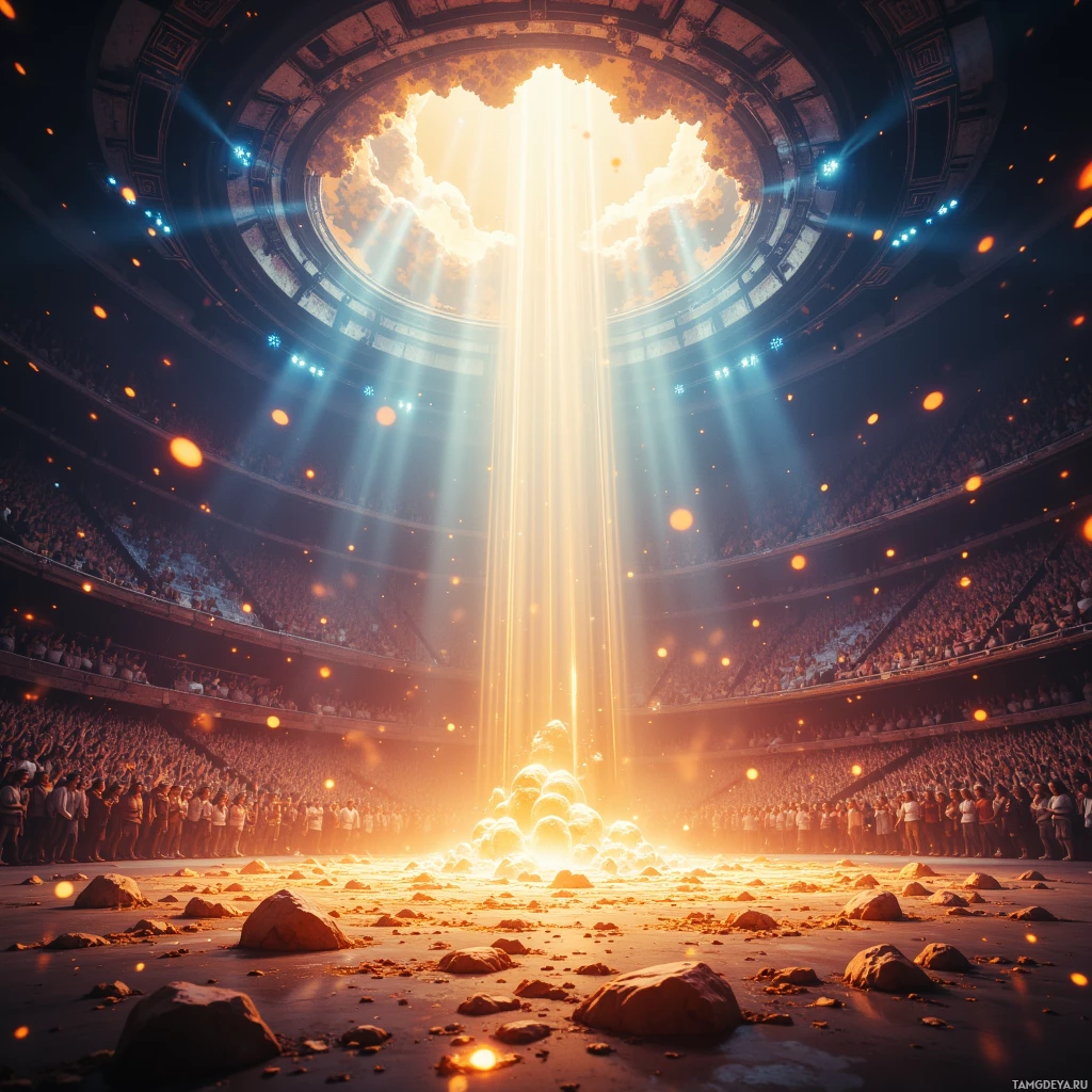 A large, circular arena with a bright light shining down from above, illuminating a crowd of people and scattered rocks on the ground.