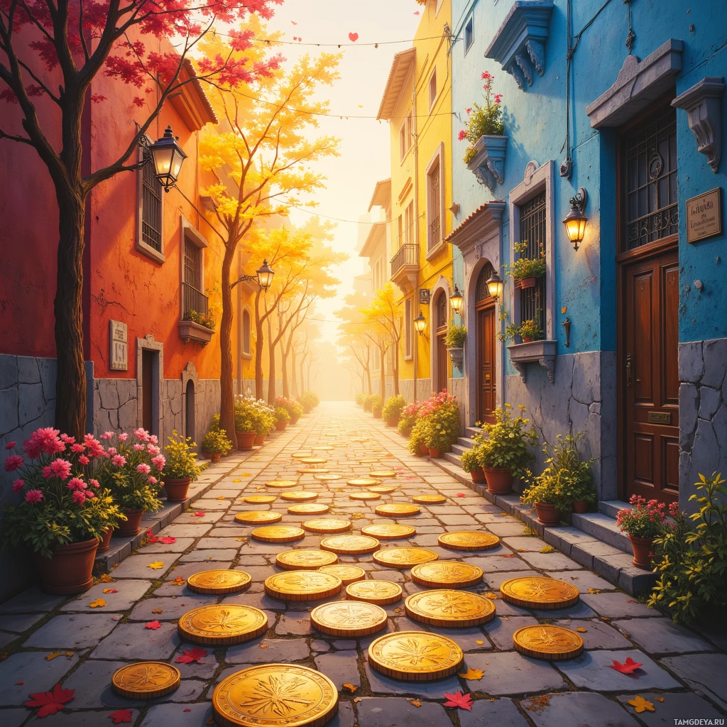 A vibrant street lined with colorful buildings, potted flowers, and golden coins on the ground.