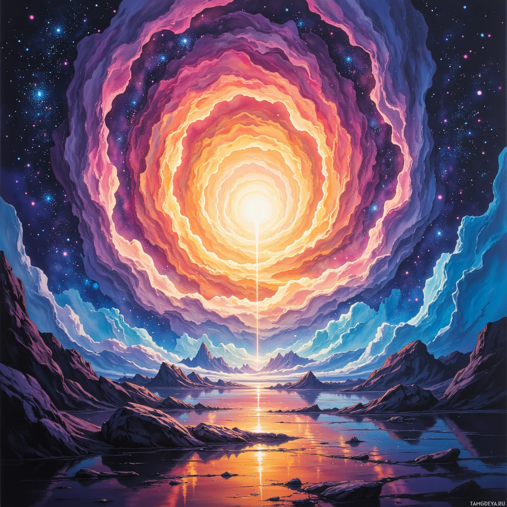 A vibrant, cosmic landscape featuring a swirling galaxy above a serene body of water with rocky outcrops.