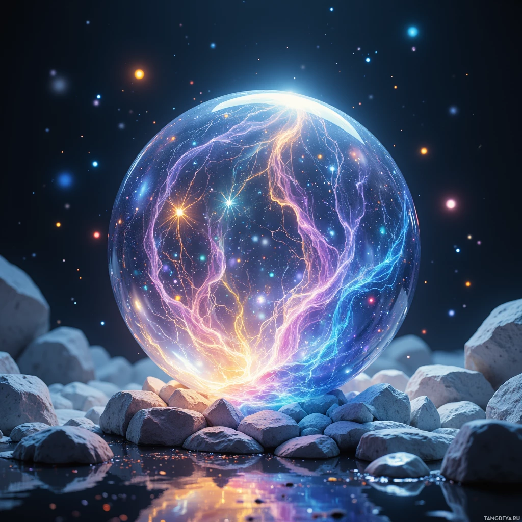 A glowing, colorful sphere rests on rocks, emitting vibrant light and energy against a starry night sky.