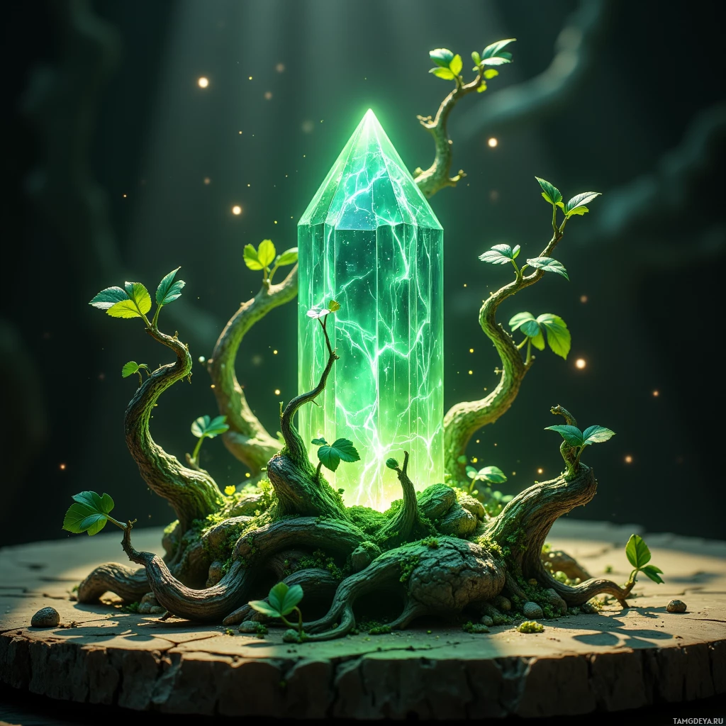 A glowing green crystal surrounded by twisted branches and moss on a stone platform.