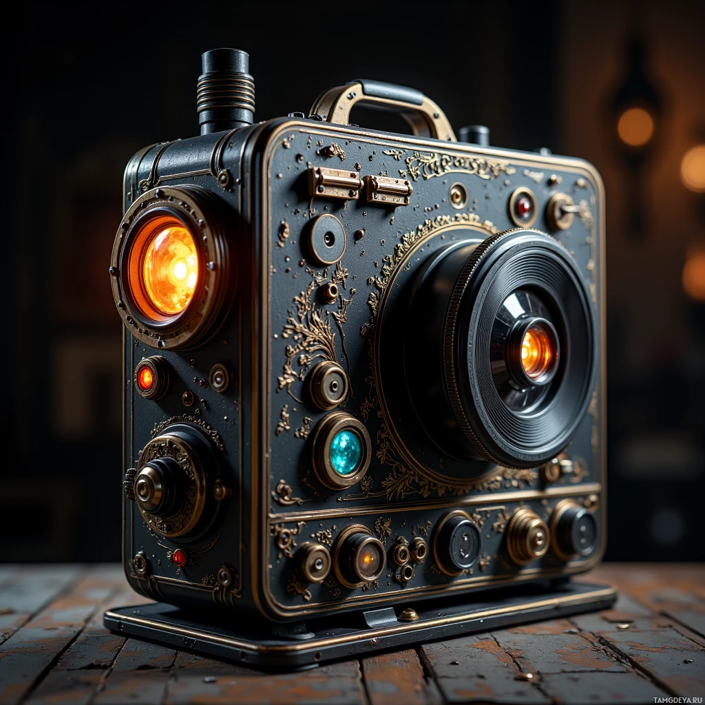 A steampunk-style camera with ornate details and glowing lights.