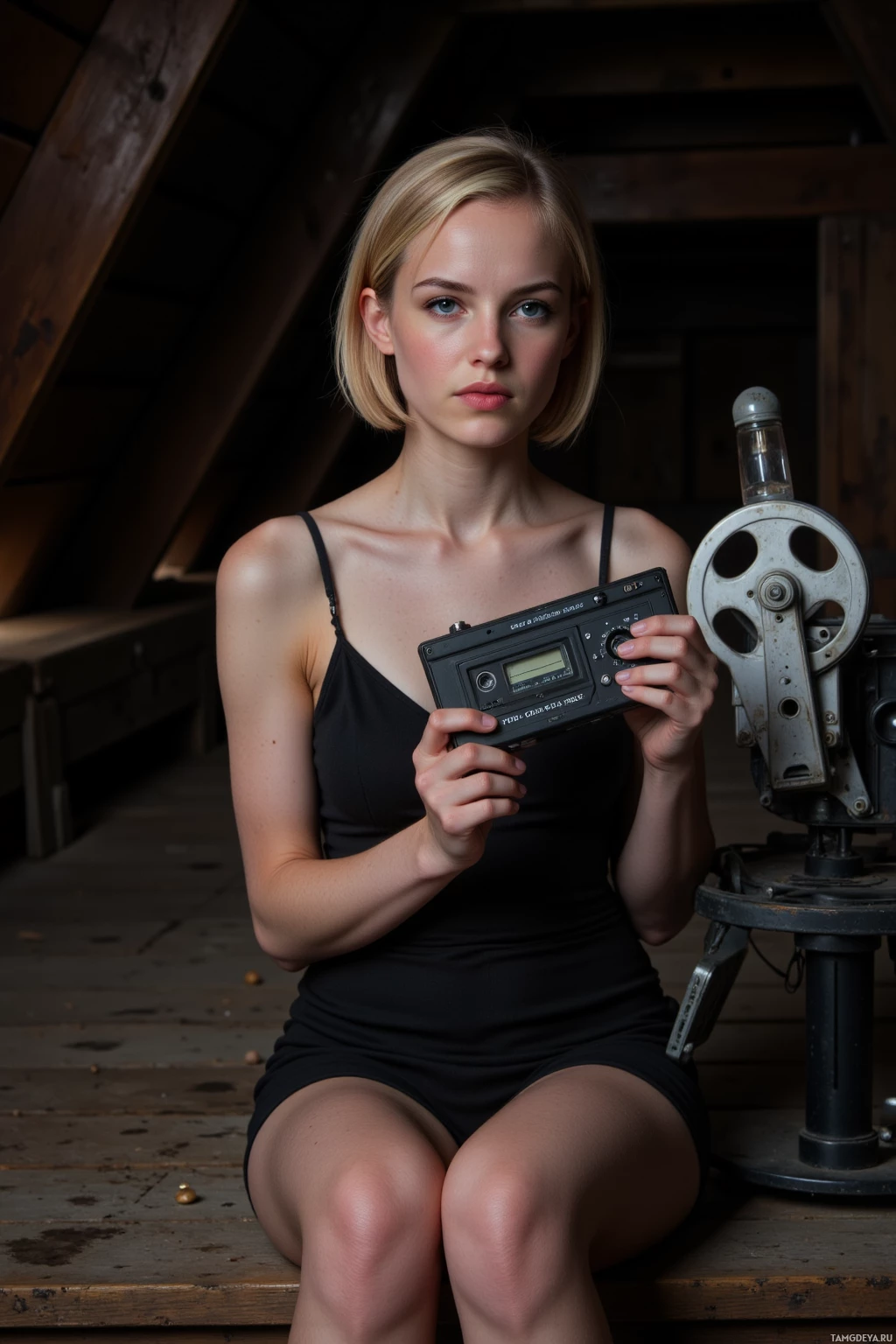 A person in a black dress sits on a wooden bench holding a small electronic device.