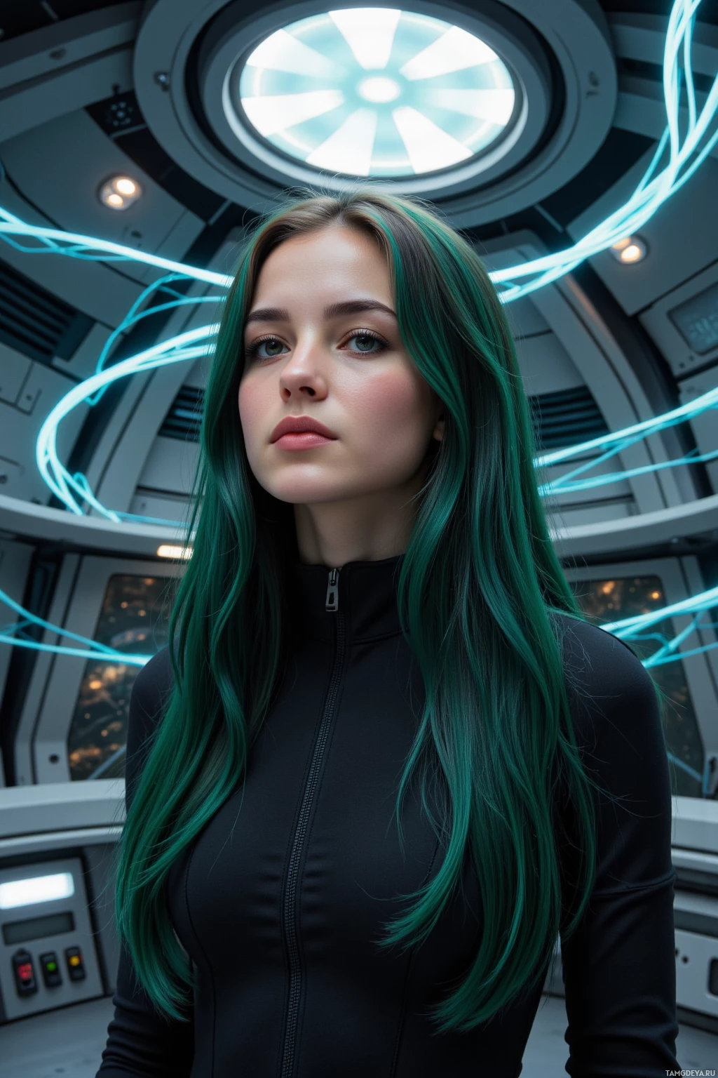 A person with long green hair stands in a futuristic setting with glowing blue lines and circular lights above.