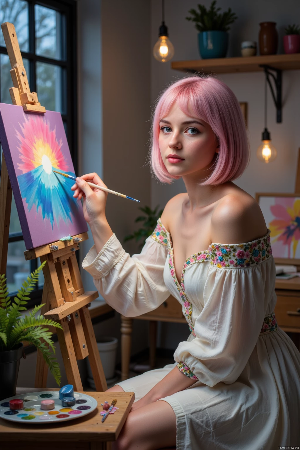 A person with pink hair is painting a colorful abstract artwork on an easel.