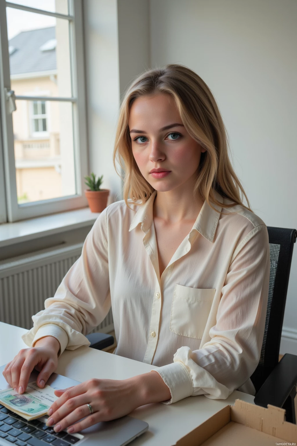 A person in a light-colored shirt sits at a desk with a laptop, holding a stack of money.