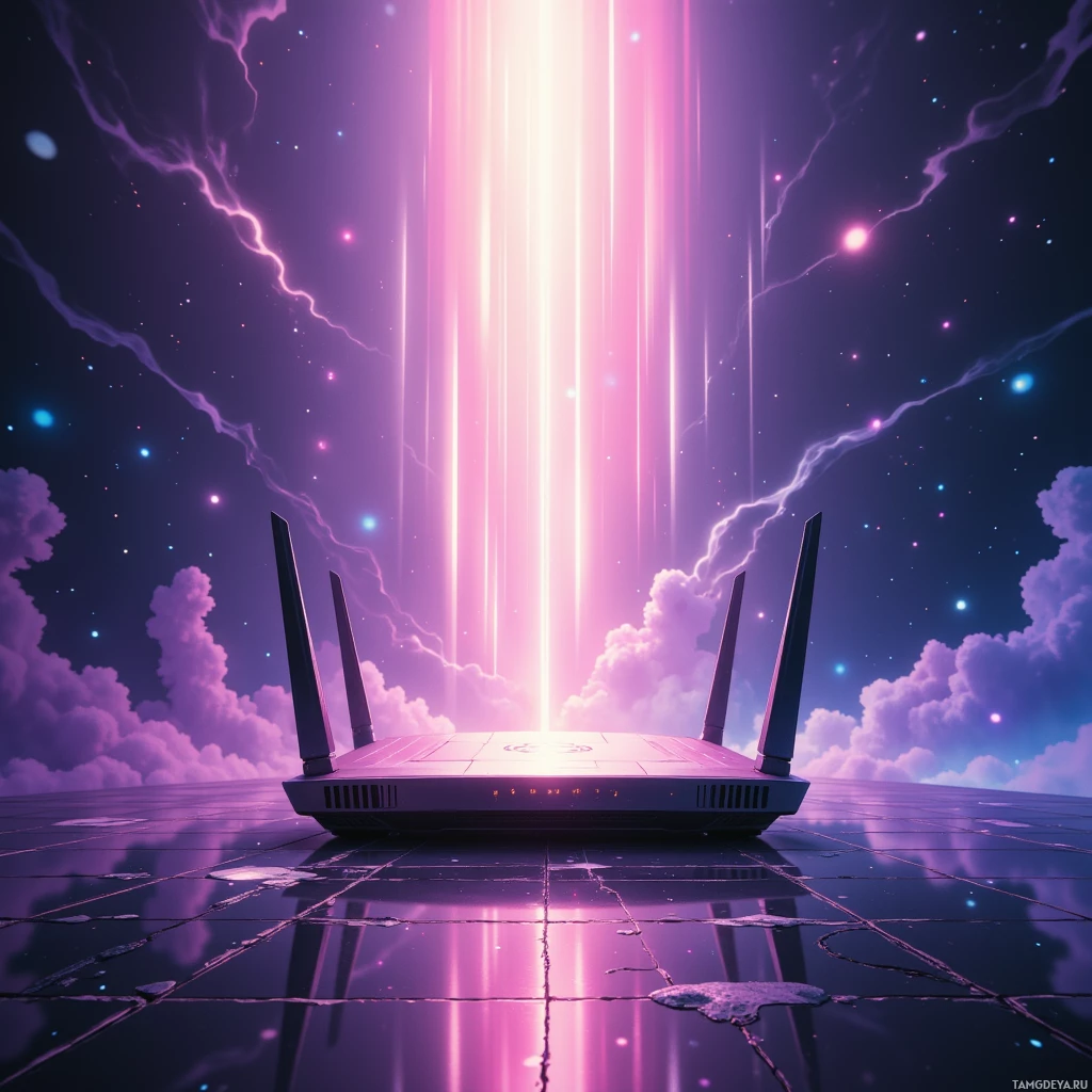 A futuristic router with glowing pink beams and cosmic background.