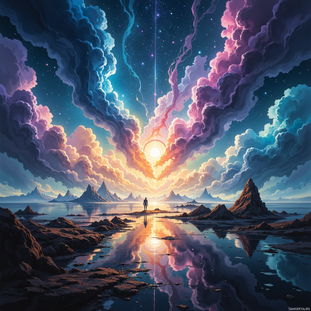 A surreal landscape featuring a person standing on a rocky island with a vibrant sky and reflective water.