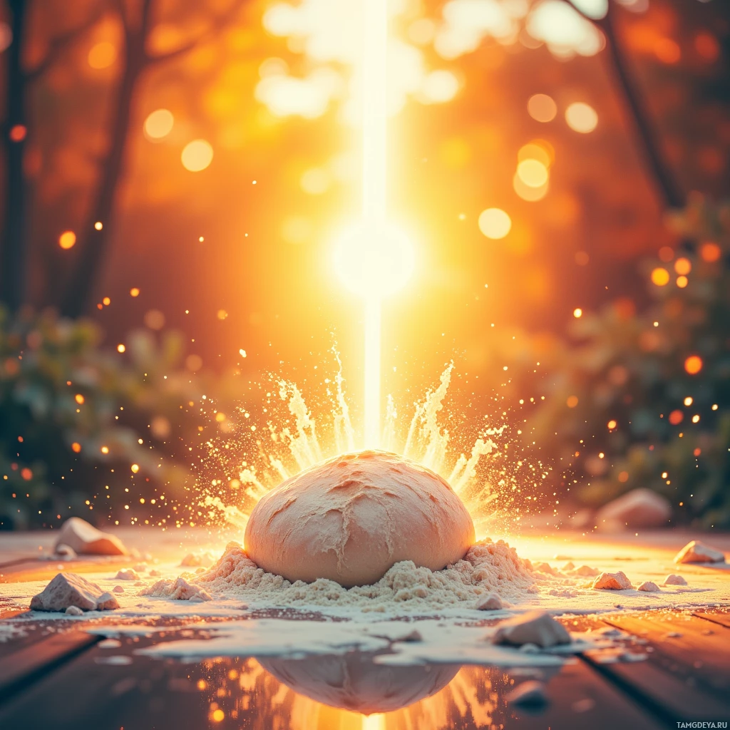 A dough ball surrounded by flour with a radiant light effect in the background.