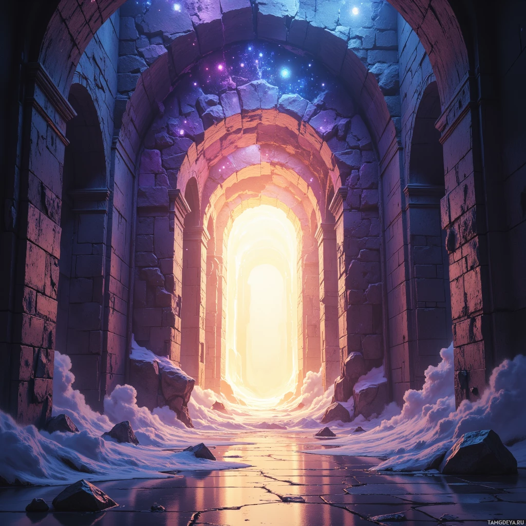 A stone archway leads to a glowing, ethereal light at the end of a tunnel.