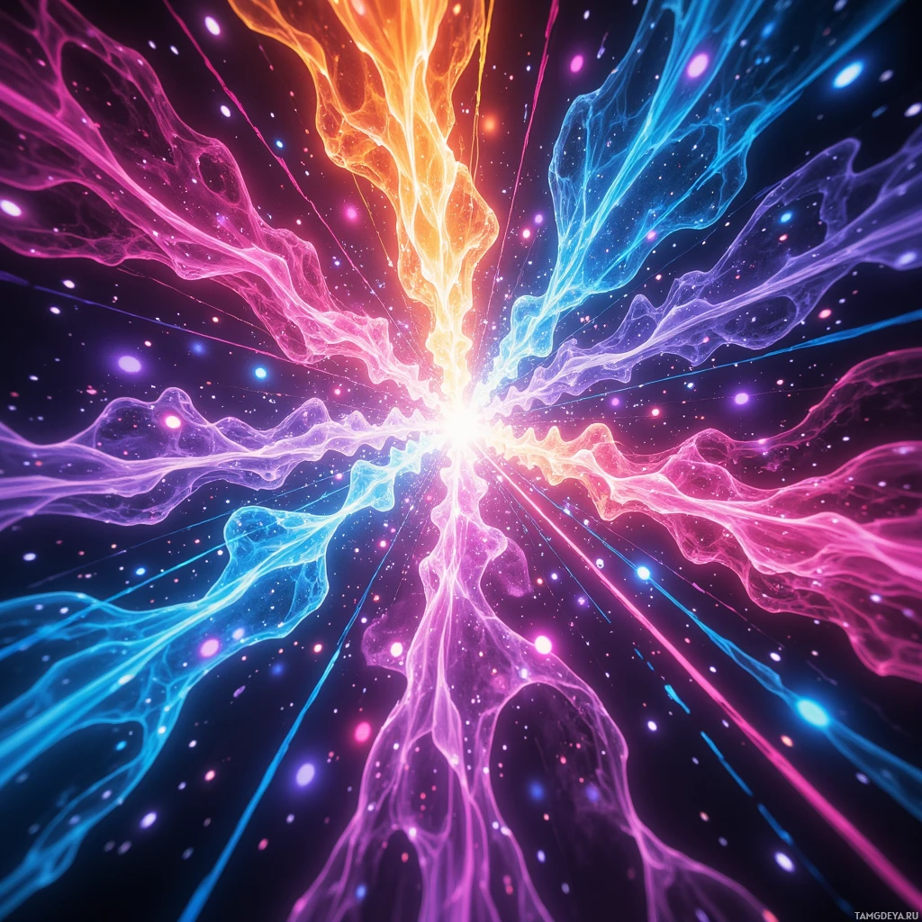 A vibrant cosmic explosion with swirling colors and glowing particles.