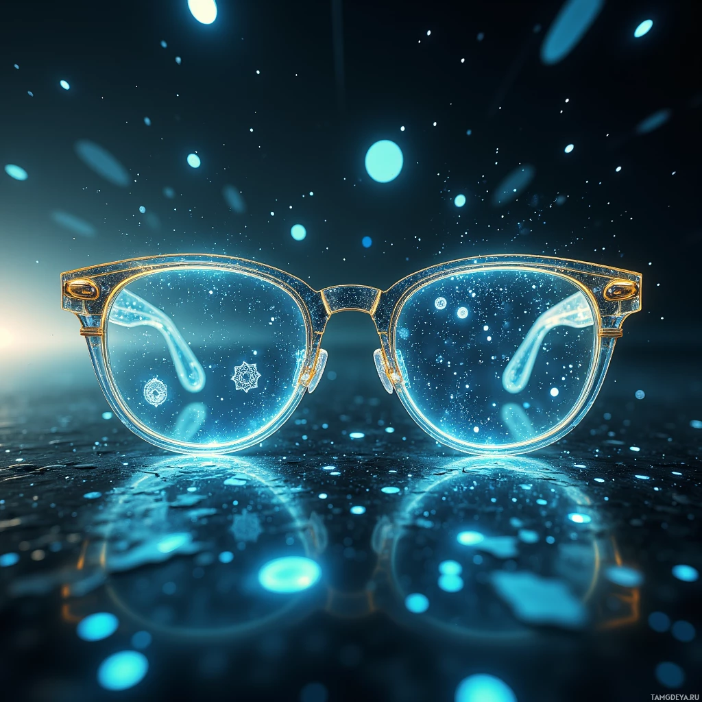 A pair of glowing glasses with a futuristic, glowing background.