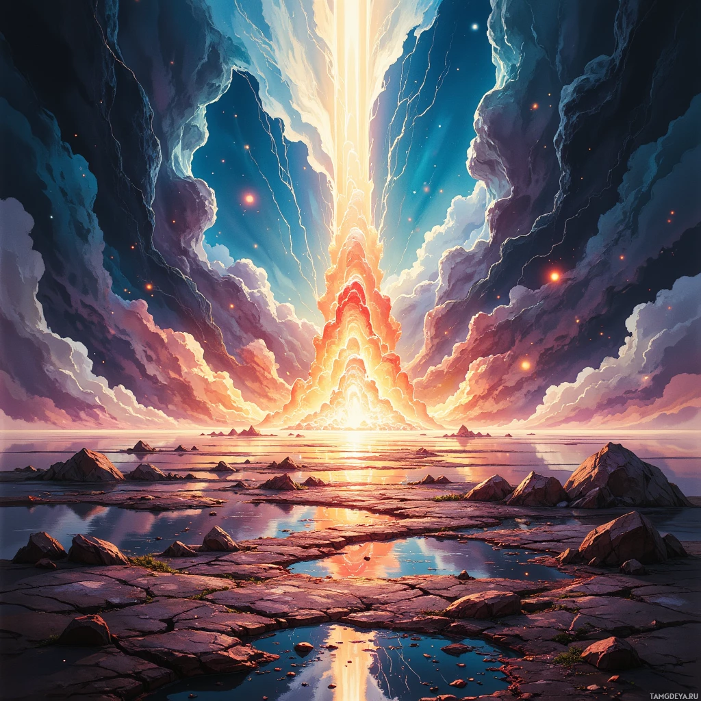 A vibrant sunset scene with a glowing horizon reflected in a calm body of water, surrounded by rocky terrain and dramatic sky.