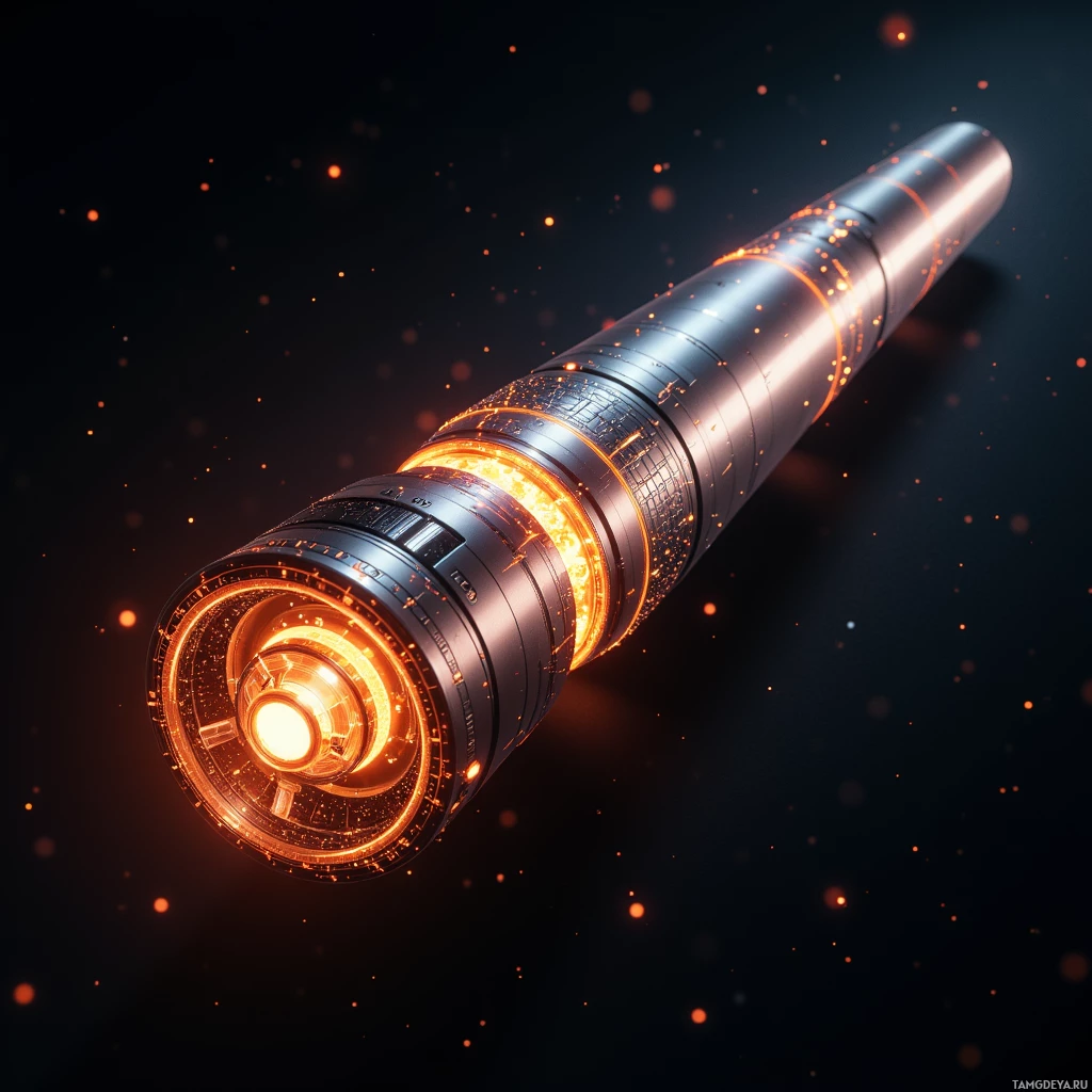 A futuristic, glowing cylindrical device with intricate designs and a bright light at its core.