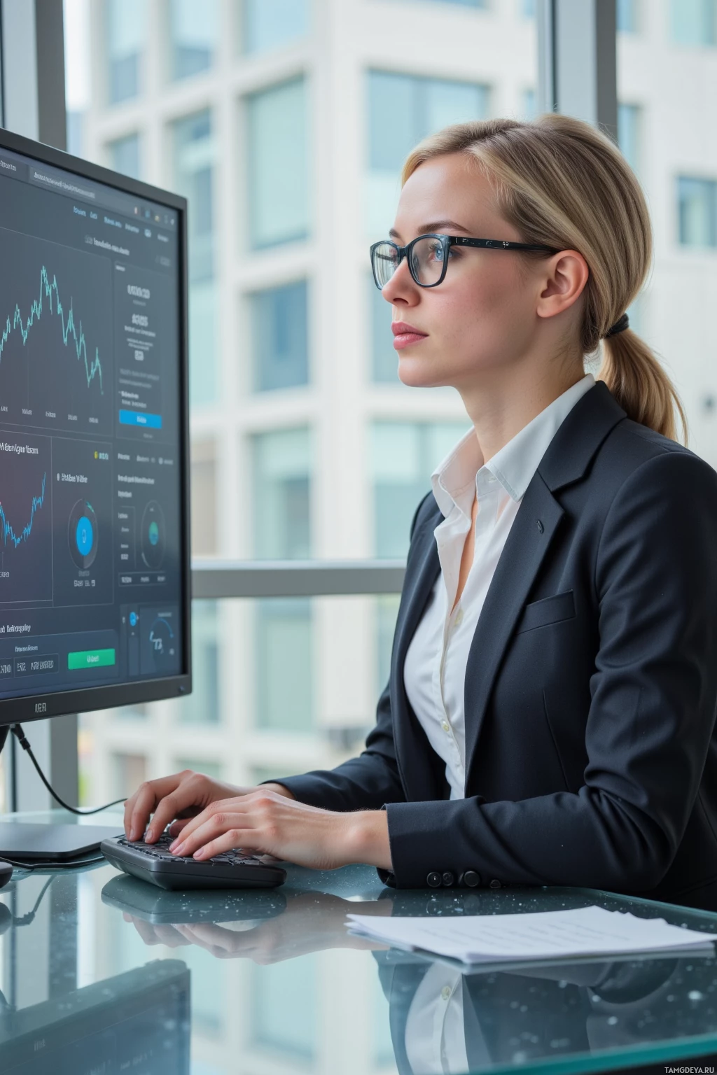 Realistic high quality photo. Female, 32, sleek blonde hair in a professional updo, blue eyes behind glasses, pale skin, wearing a well‑fitted business suit, white blouse, and tailored trousers, seated at a modern glass desk in a brightly lit office, intently reviewing a large monitor displaying a real‑time data dashboard, calm and focused expression, mid‑morning.