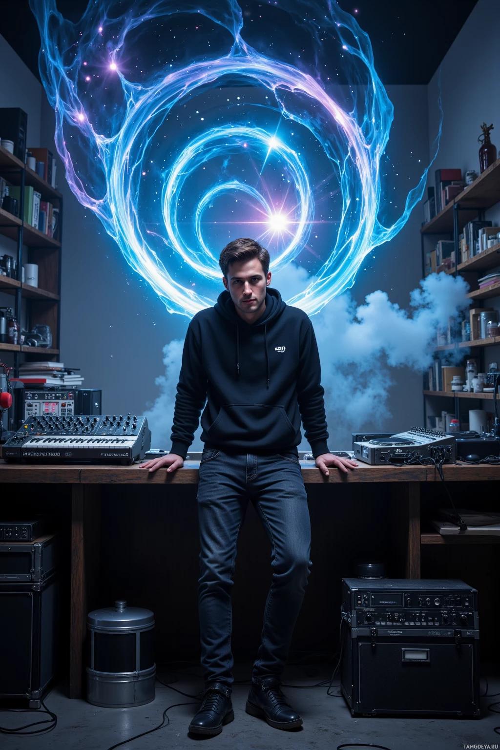 A person stands in a music studio with a glowing, cosmic background.