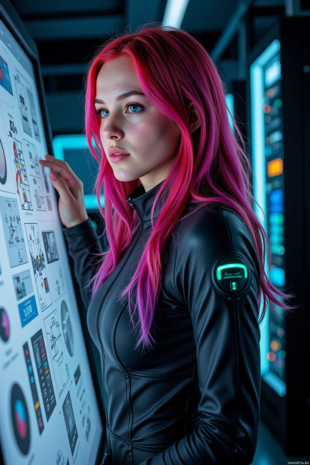 A person with vibrant pink hair stands in front of a control panel, wearing a black outfit with a glowing patch on the arm.