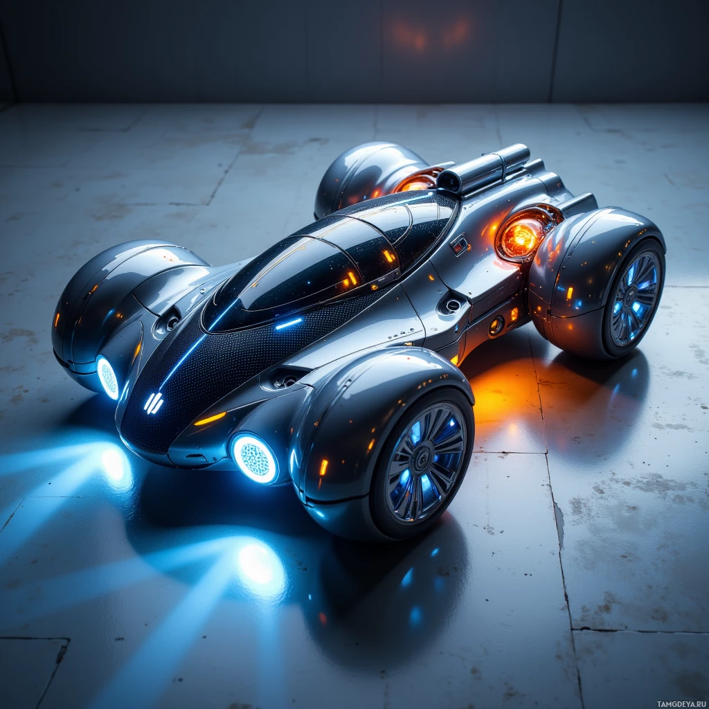 A futuristic, sleek vehicle with glowing lights and a reflective surface is displayed in a dimly lit environment.
