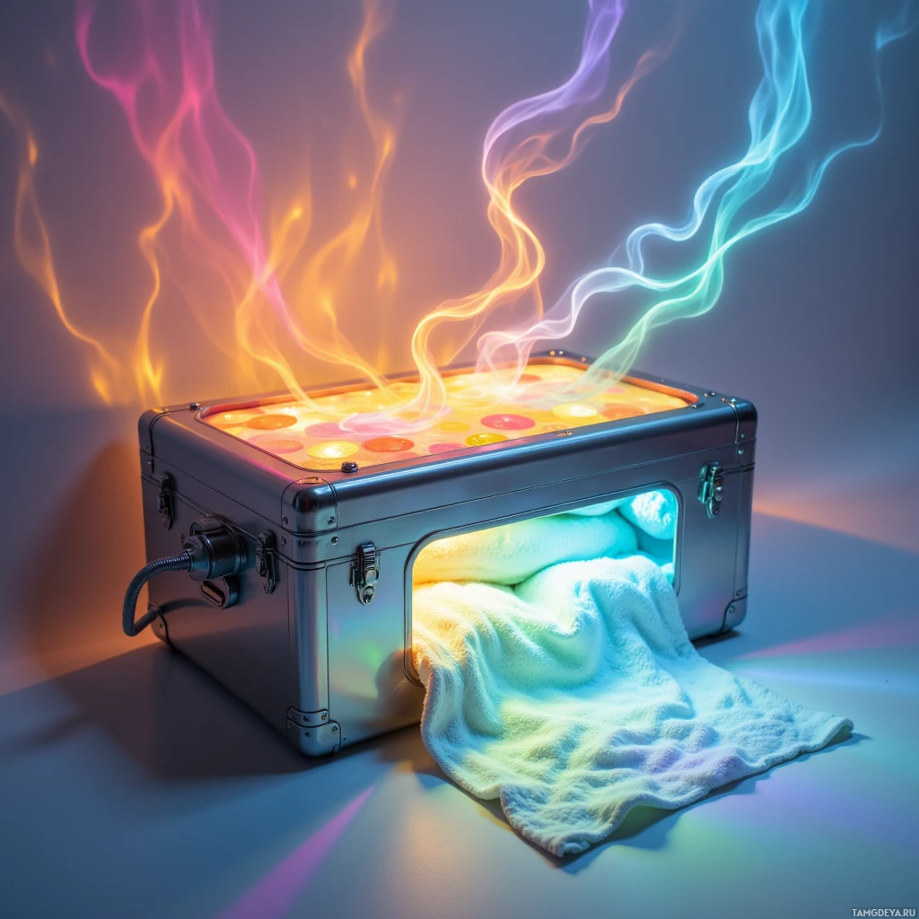A metallic suitcase emits colorful smoke and light, with a towel draped over its open compartment.