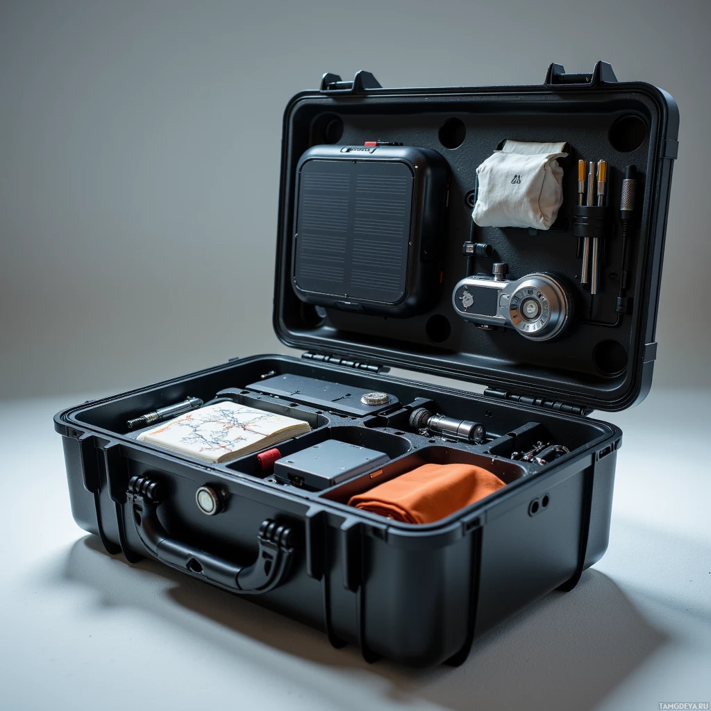 An open black case contains various items including a solar panel, tools, a notebook, and an orange cloth.