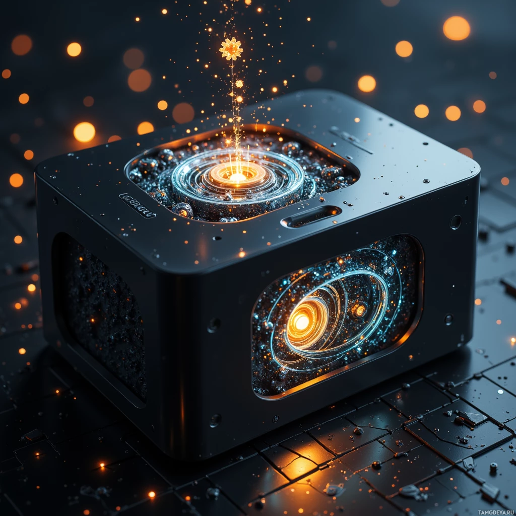 A futuristic cube with glowing, swirling patterns and sparks emanating from its center.