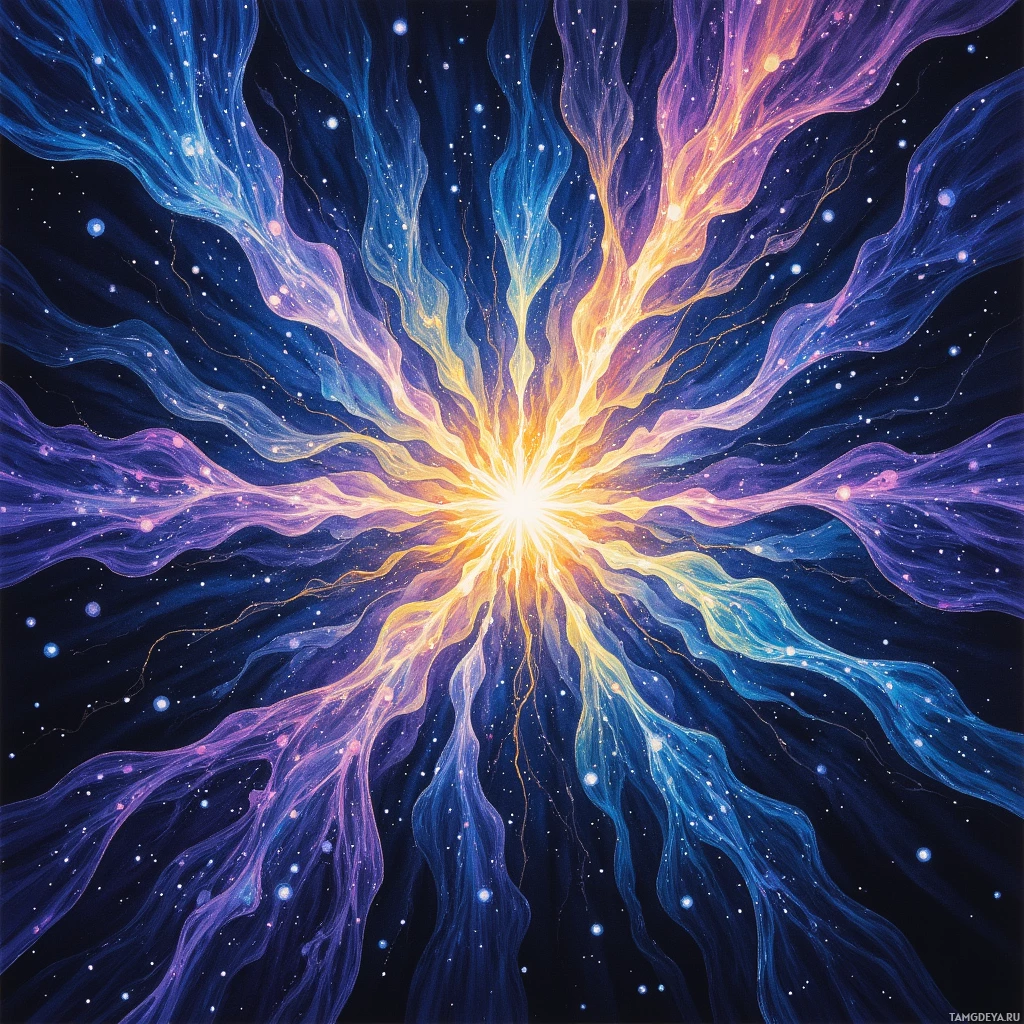 A vibrant cosmic explosion with radiant colors and star-like particles.