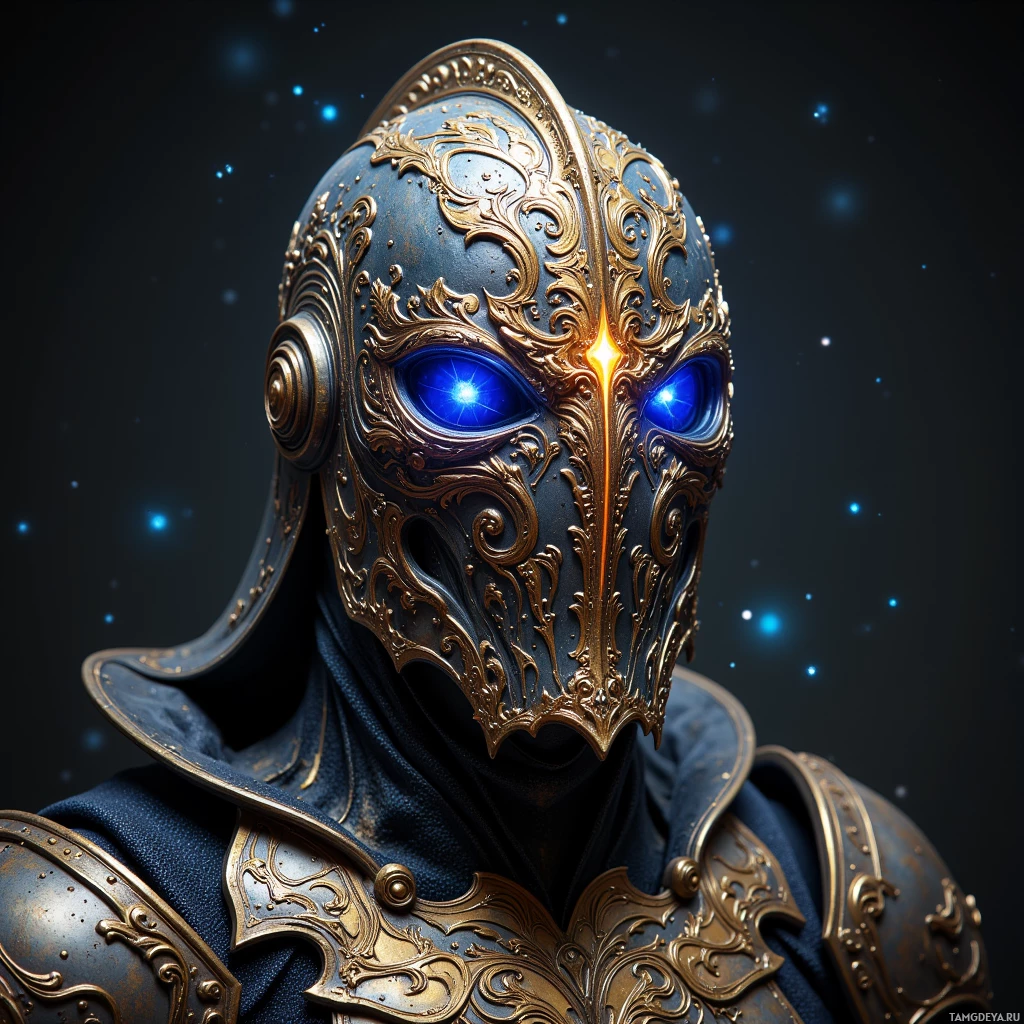 A detailed, ornate helmet with glowing blue eyes and intricate gold designs.