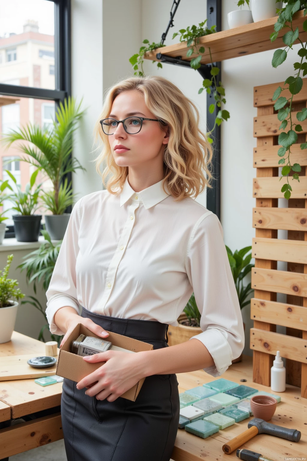A woman in a white blouse and black skirt holds a box in a workspace with plants and tools.