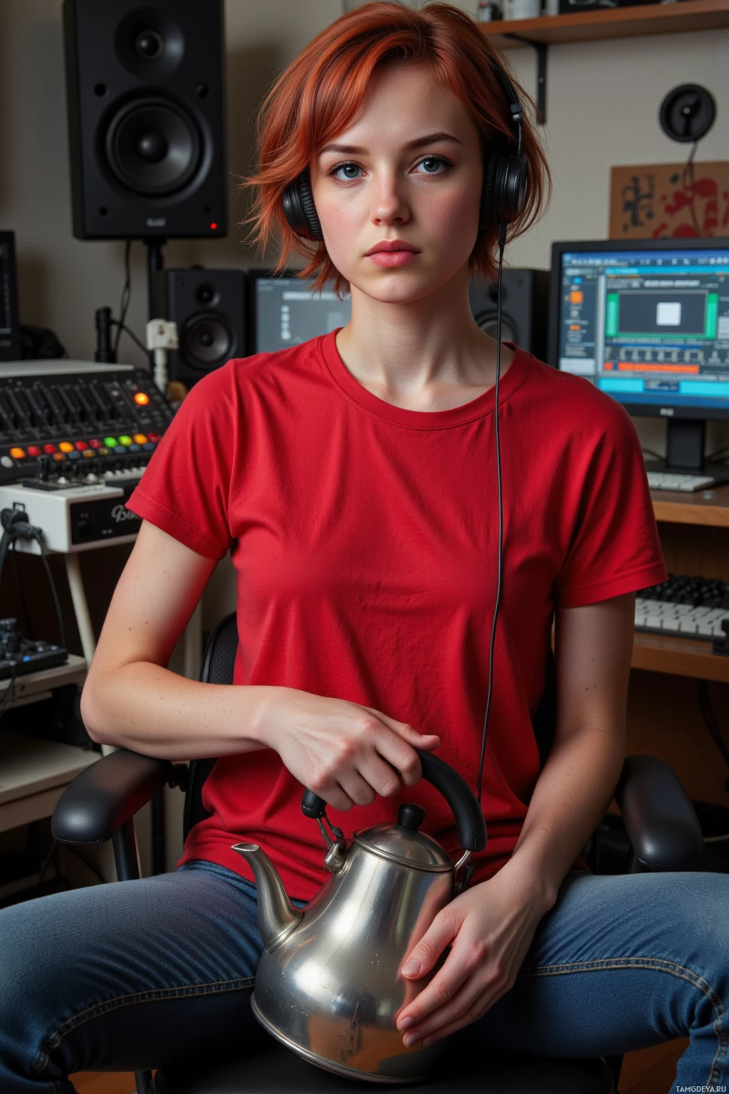 A person in a red shirt sits in a chair, holding a kettle, with headphones on and a computer setup in the background.