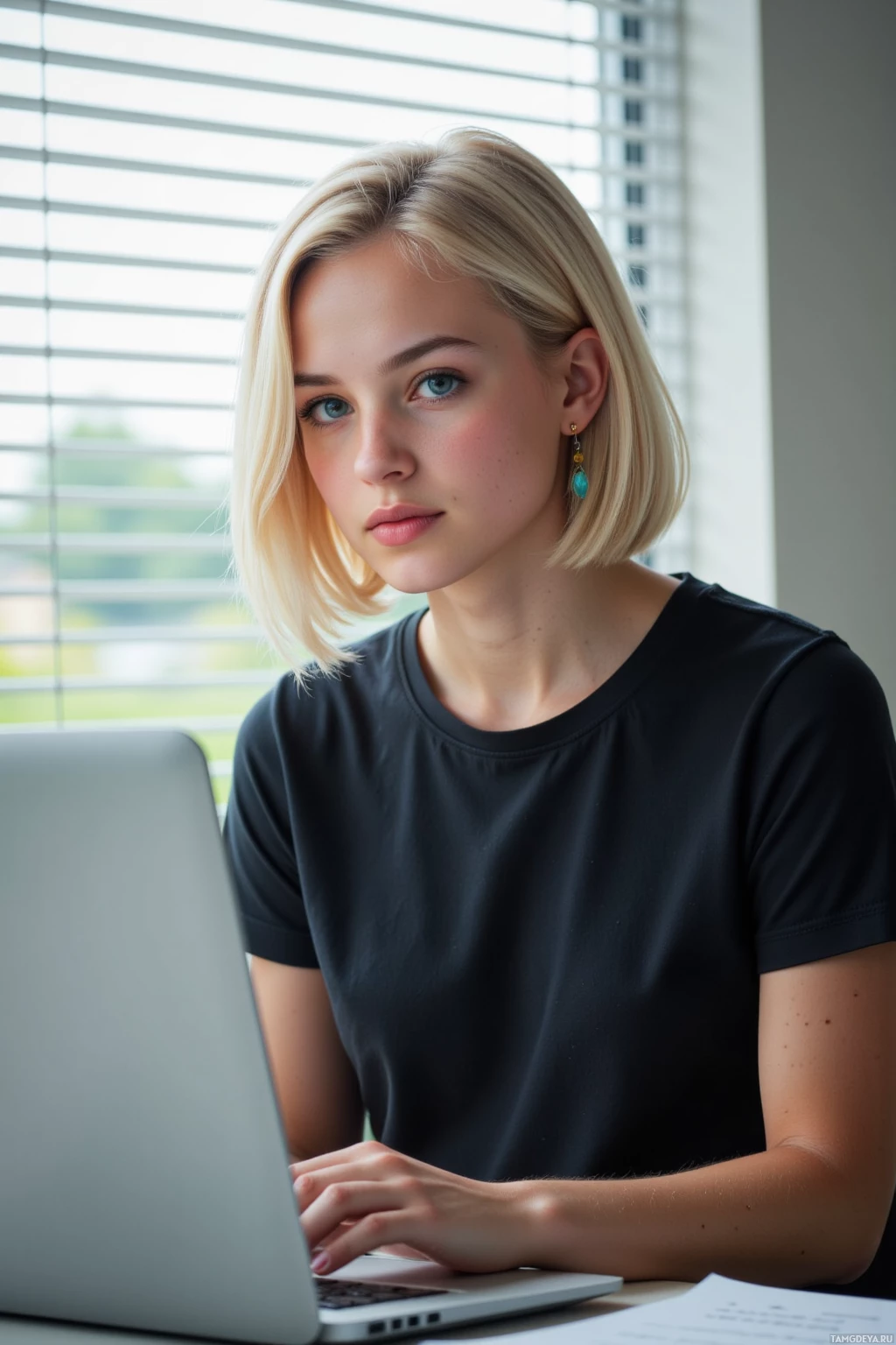 A person with short blonde hair wearing a black shirt is using a laptop at a desk.