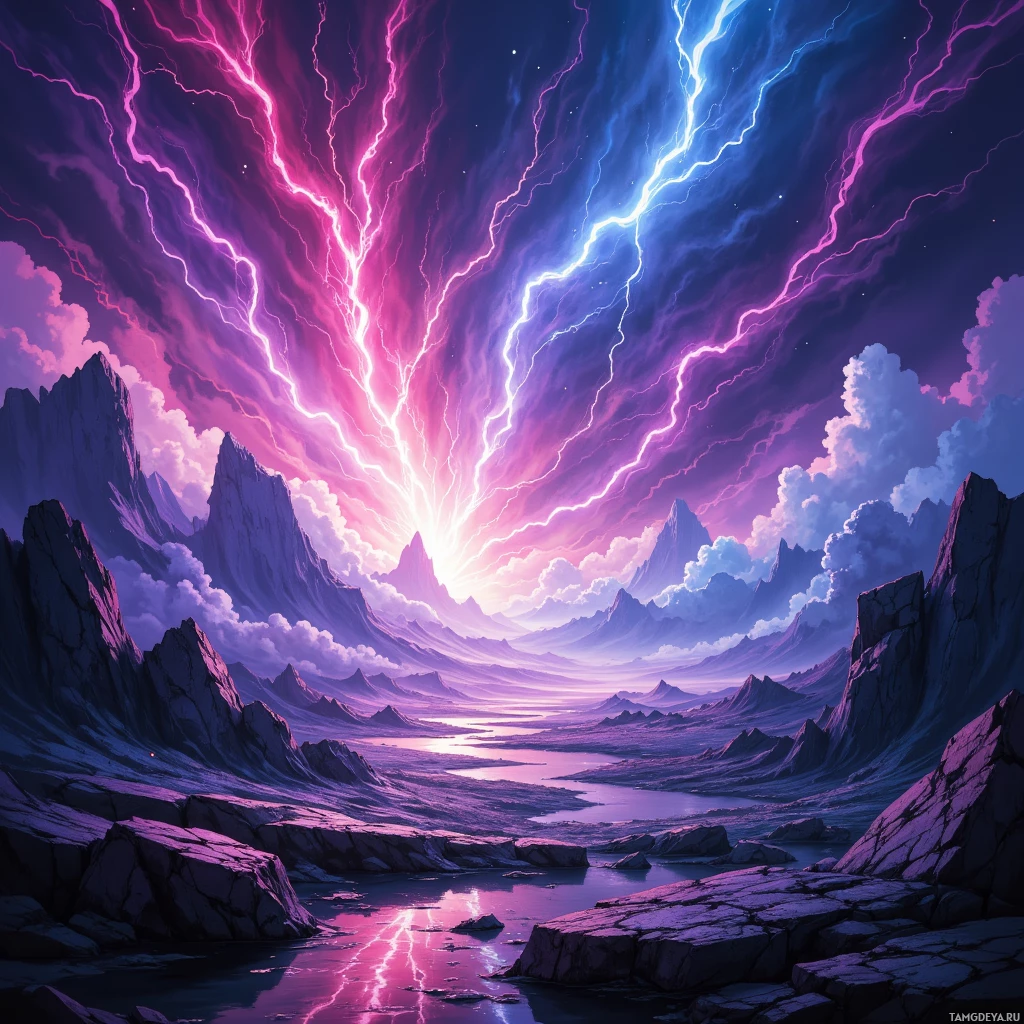 A dramatic landscape with jagged mountains and vibrant lightning streaks in pink and blue against a dark sky.