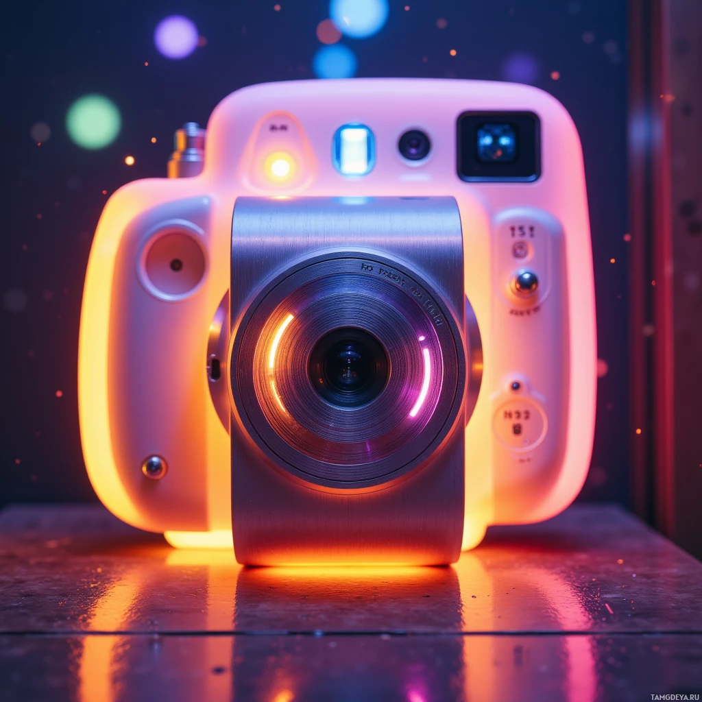 A retro-style camera with glowing lights and a reflective surface.